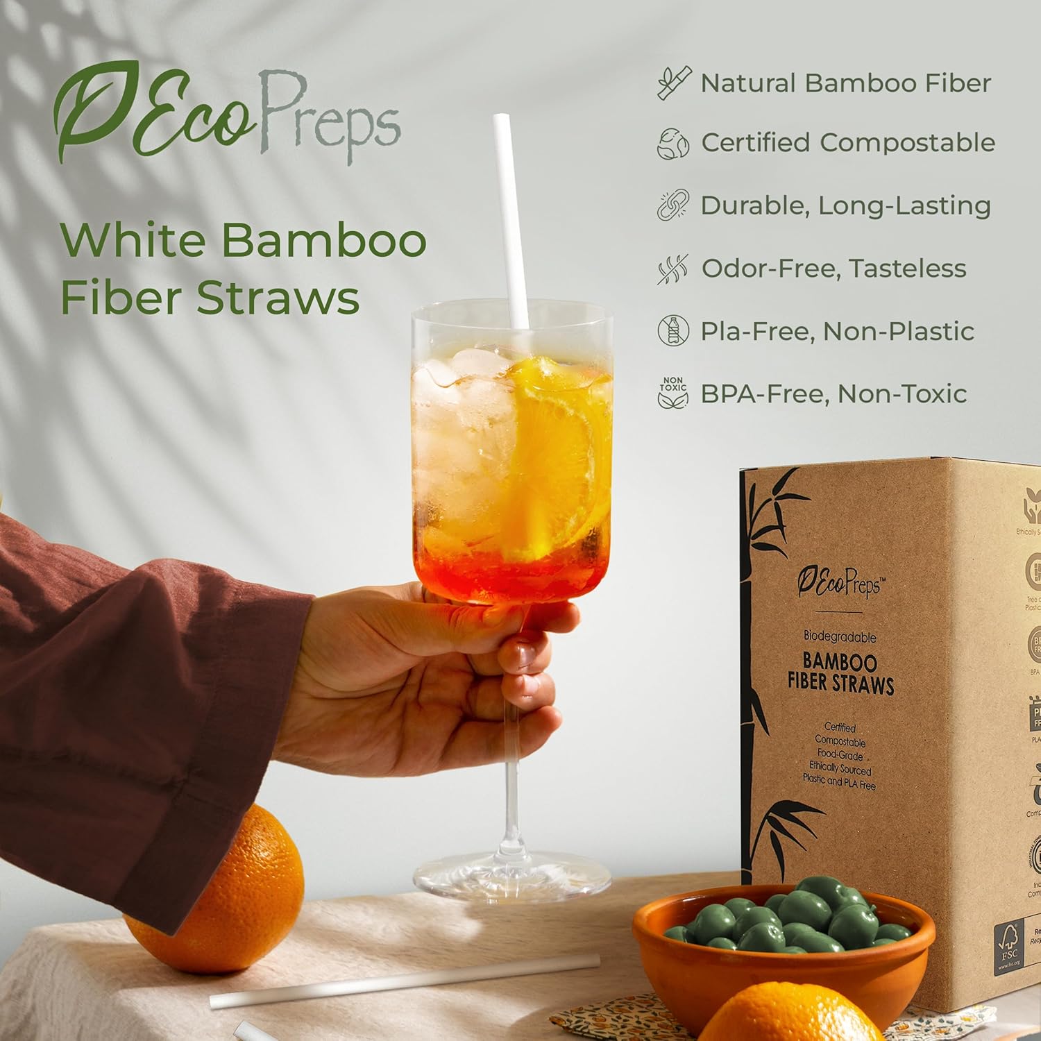 EcoPreps Biodegradable Bamboo Fiber Straws | 300 Count, 100% Compostable, Plastic-Free, Eco-Friendly Drinking Straw | 7.8'' Plant Fiber Disposable Straws, White Straw | Durable for Warm & Cold Drinks - Image 4