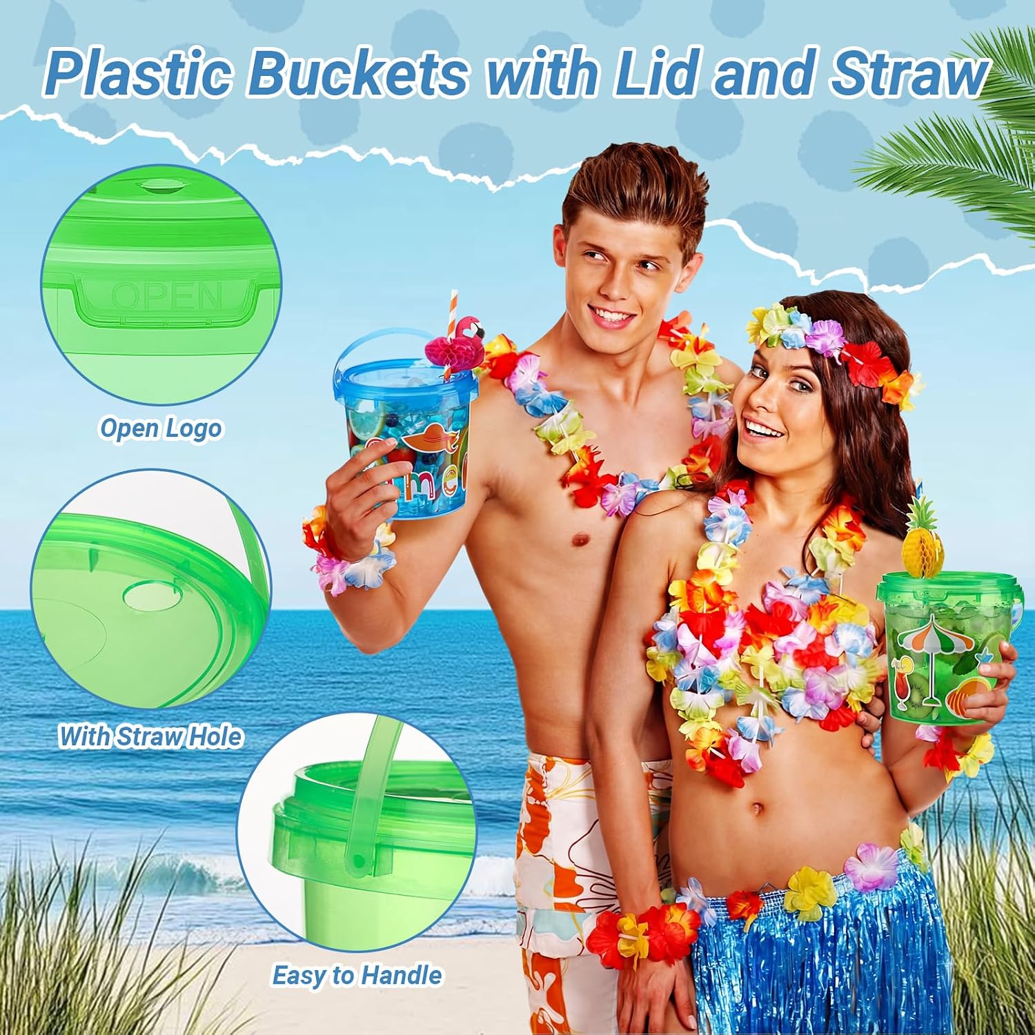 24 Pcs 32 oz Tropical Drink Buckets with Lids and Handles Summer Plastic Drink Bucket with Flamingo Pineapple Straw Reusable Rum Cocktail Bucket with Lids Punch Bowls for Luau Party Beach - Image 3