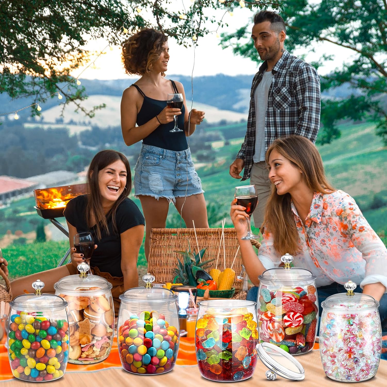 Nuogo 6 Pcs Plastic Candy and Cookie Jar with Lids Decorative Apothecary Jars Candy Buffet Containers Clear Airtight Food Storage Canister Home Decoration(64 oz,Classic) - Image 6