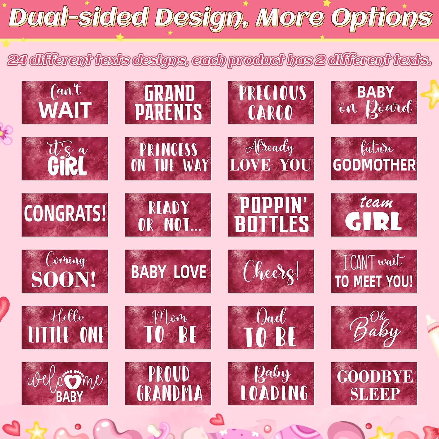 12 Pcs Baby Shower Photo Booth Props PVC Burgundy Baby Shower Photo Booth Sign Kit Decorations, Waterproof Multi Color Double Sided Printing 11.05x5.51'' DIY Selfie Photoshoot Party Supplies - Image 3
