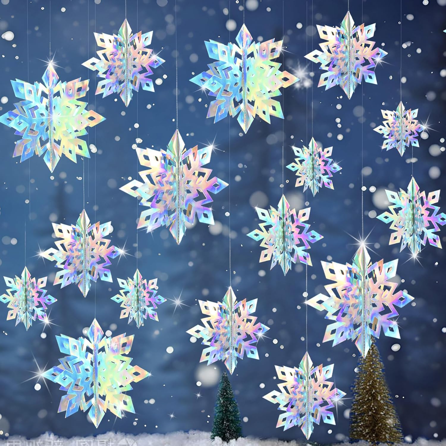 OuMuaMua Christmas Snowflake Decorations, 15pcs Xmas 3D Iridescent Snowflakes 3D Laser Paper Snow Flakes for Christmas Winter Wonderland Snow White Holiday Birthday Home Party Decor, Holographic