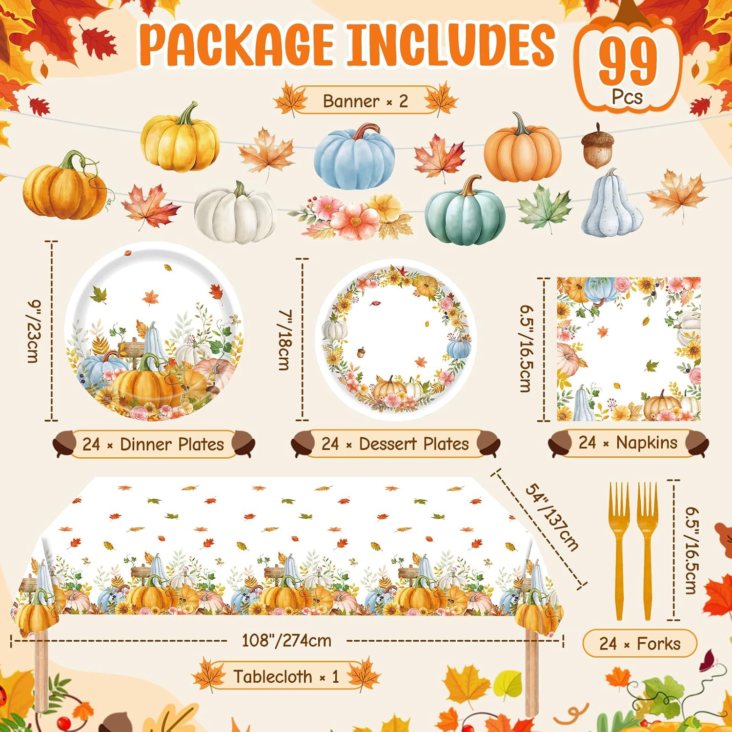 Fall Thanksgiving Paper Plates and Napkins Party Supplies Watercolor Pumpkin Maple Thanksgiving Disposable Tableware Banner Tablecloth Set Autumn Harvest Party Decorations for Table, 99Pcs Serves 24 - Image 2