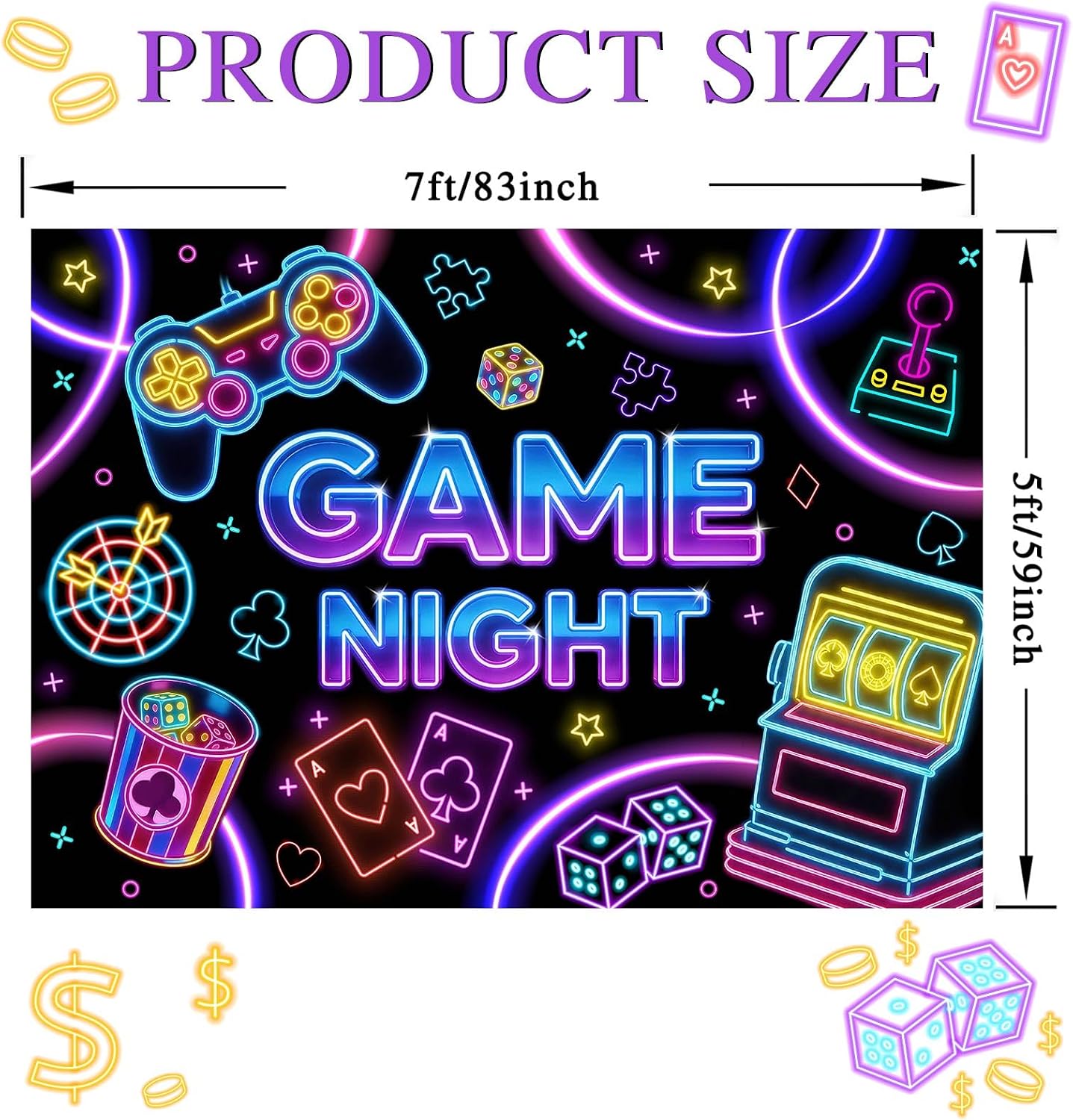Mocsicka Game Night Theme Photography Backdrops Glow Neon Photo Background for Game On Birthday Party Decor Sleepover Slumber Prom Gaming Party Cake Table Decor Photobooth Supplies (7x5ft) - Image 5