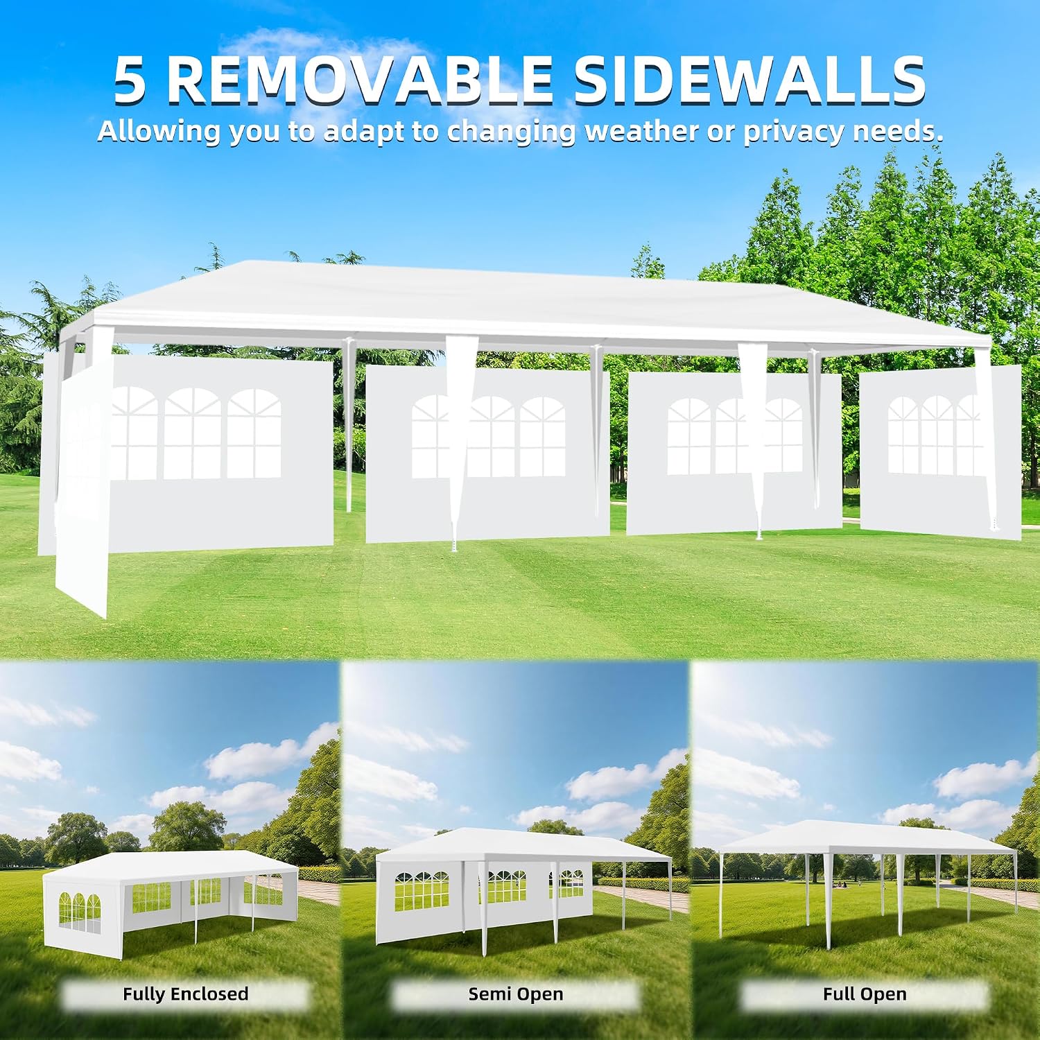 Outdoor 10' x 30' White Party Canopy Tent with 8 Removable Sidewalls, Party Shade Shelter Feet Tent with Transparent Windows for Backyard,BBQ, Weddings, Gatherings, Events (White, 3 * 9) - Image 3