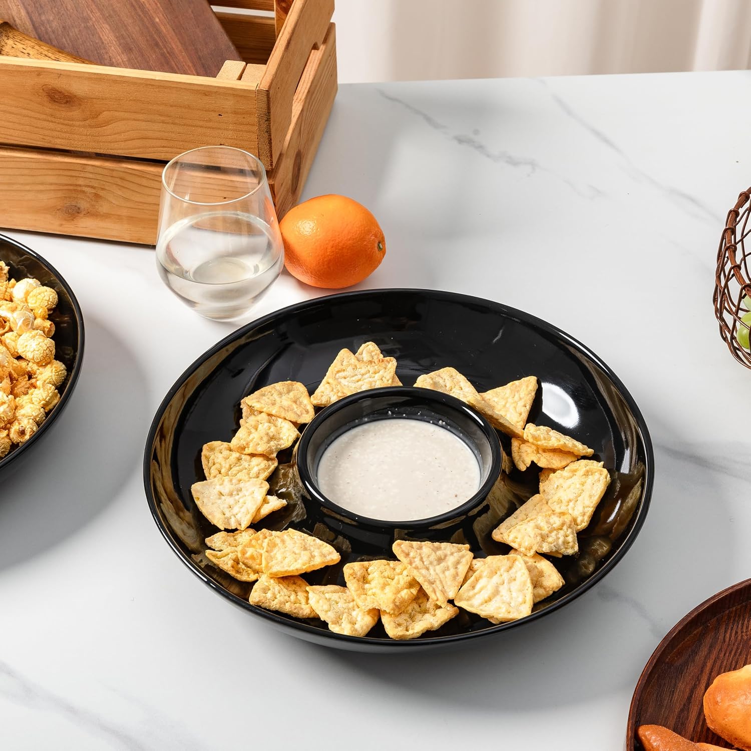 LEHAHA Ceramic Chip and Dip Serving Set, 12 Inch Large Divided Bowls Set for Salsa, Veggies, Dip, Appetizers, Snacks, Candy, Fruits-Relish Trays for Parties and Entertaining, Black - Image 2