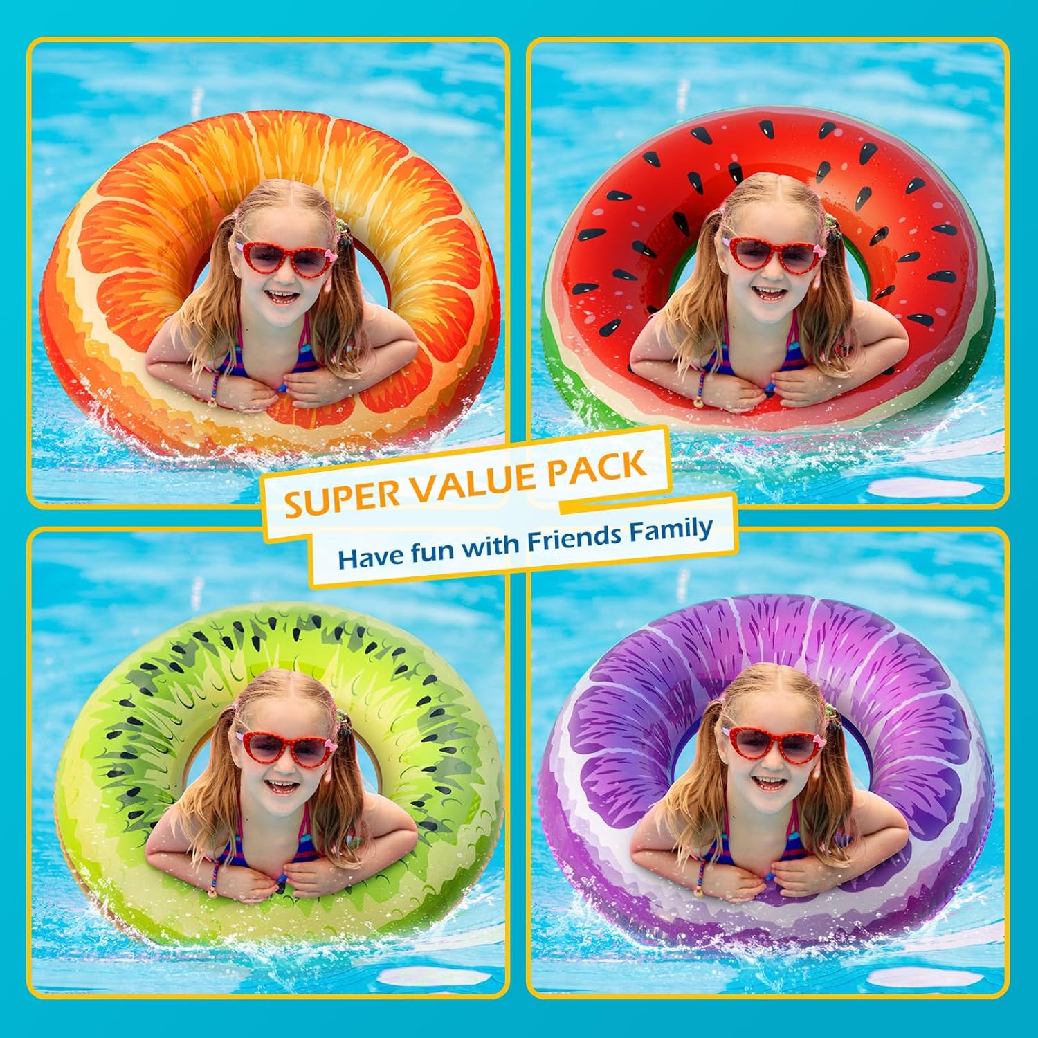 Jasonwell Inflatable Pool Floats Kids - 3Pcs Floaties Pool Tubes Swim Rings Fruit Water Float with a Beach Ball Watermelon Kiwi Orange Lake Pool Toys for Swimming Pool Party Decorations - Image 3