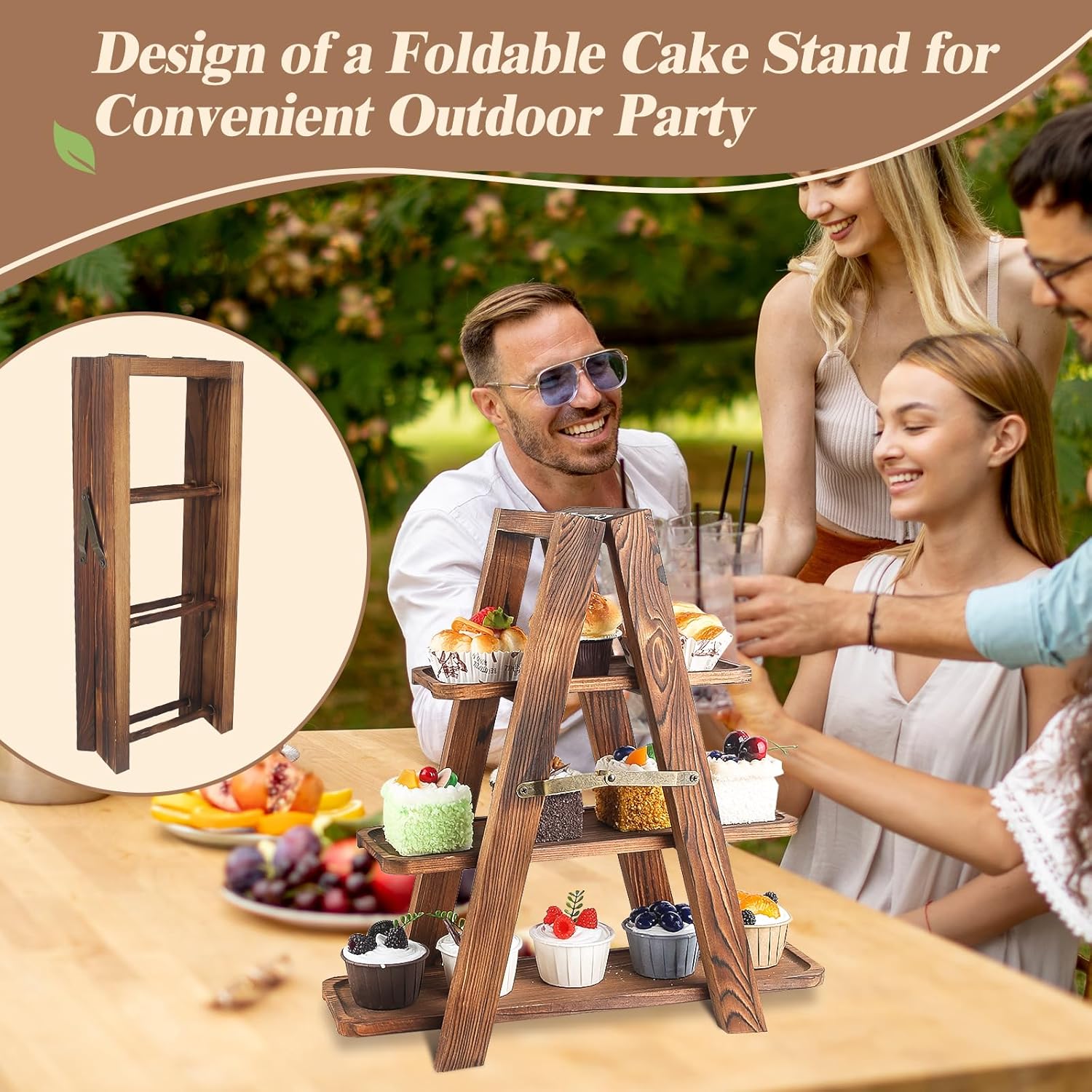 Wisreach Upgraded Large Wooden 3 Tier Swing Cupcake Stand with Flower Decor, Removable Trays, Foldable Ladder Display for Cake, Snacks, Fruit, Bread, Party & Catering Centerpieces - Image 4