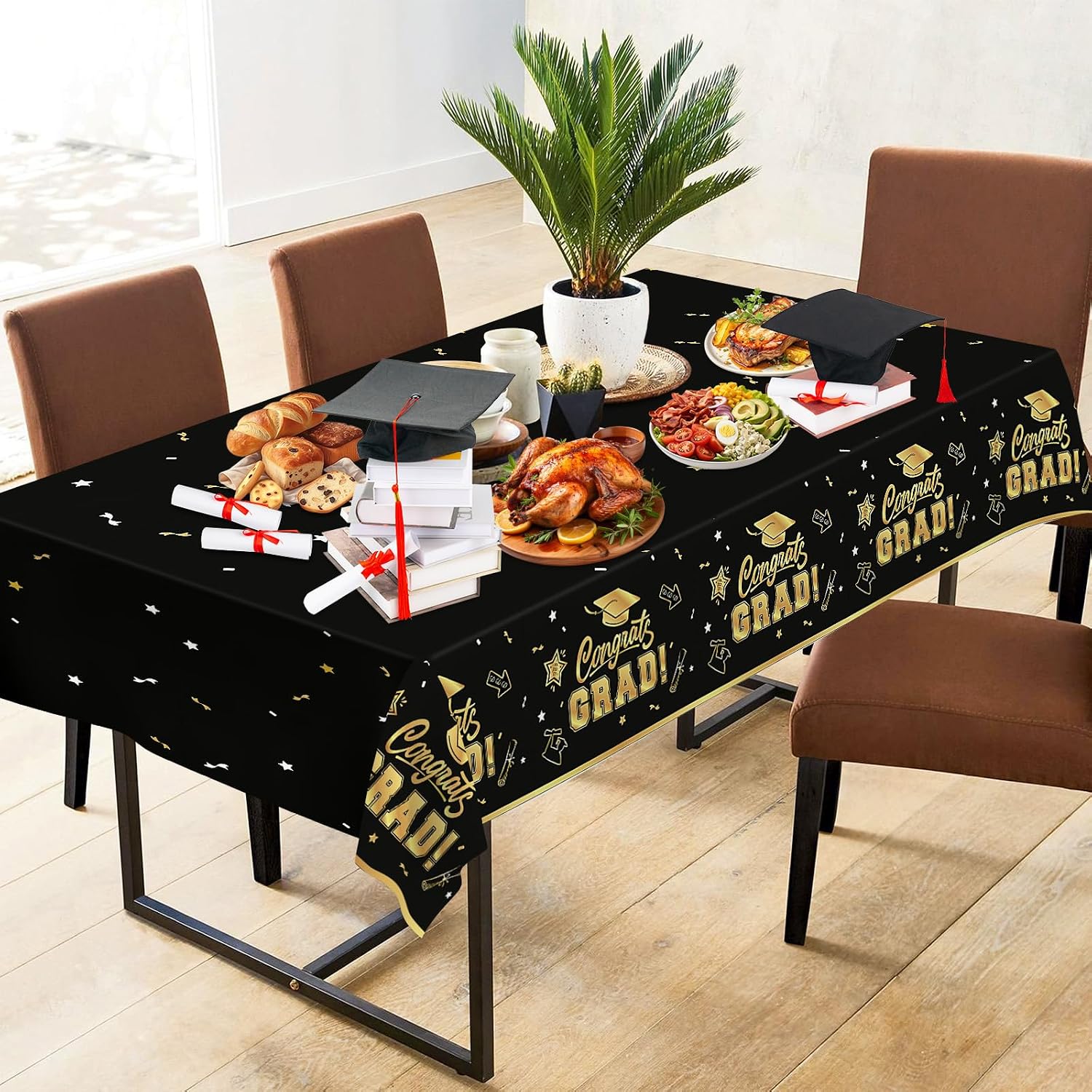 2 Pack Graduation Tablecloth - Congrats Grad Table Cloths, Plastic Disposable Rectangle Black Gold Class of 2026 Table Cover for Graduation Tables Decorations Party Decor Supplies Favors,108 x 54 Inch - Image 6