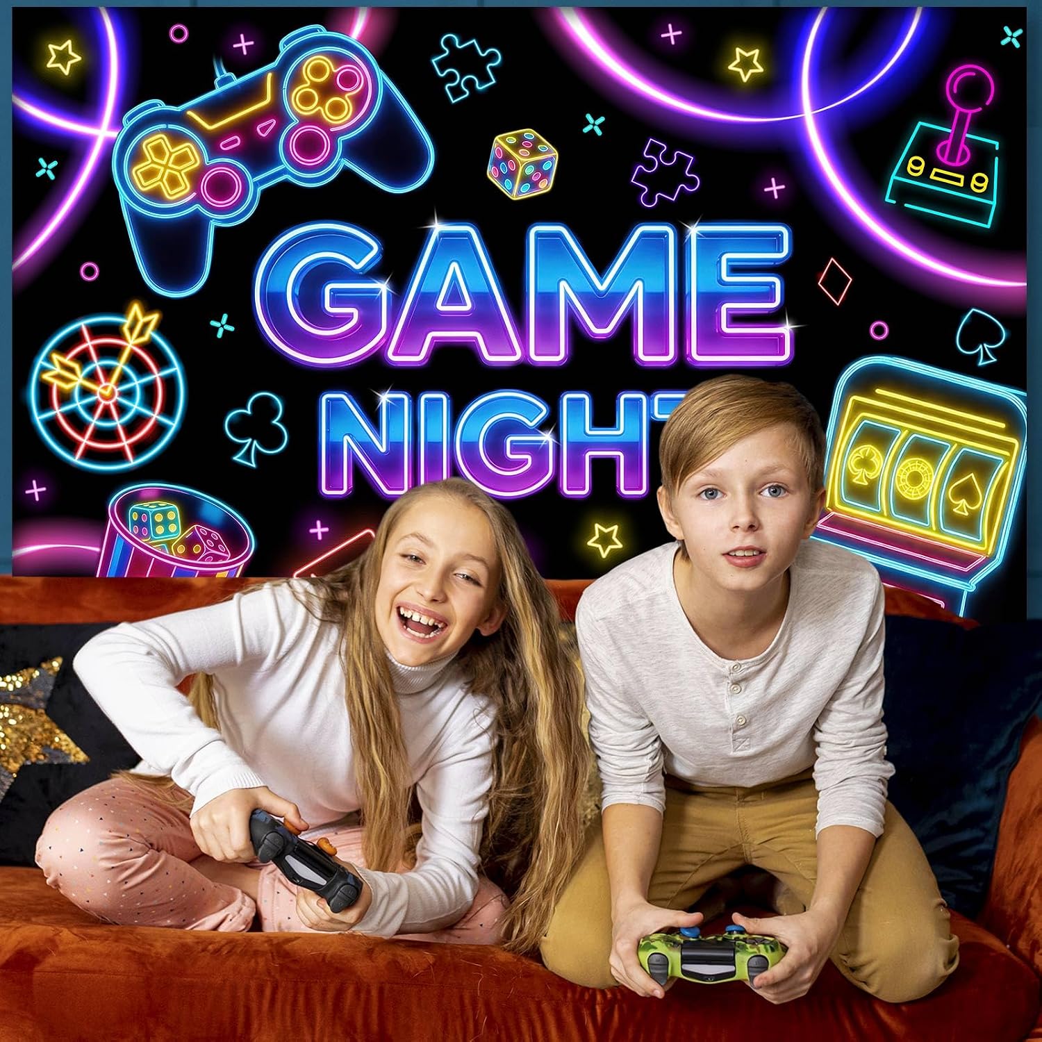 Mocsicka Game Night Theme Photography Backdrops Glow Neon Photo Background for Game On Birthday Party Decor Sleepover Slumber Prom Gaming Party Cake Table Decor Photobooth Supplies (7x5ft) - Image 9