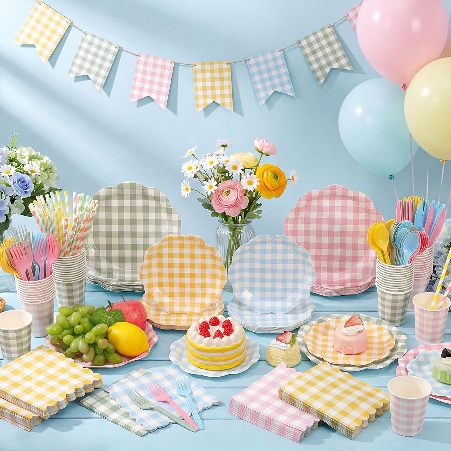 450 Pcs Gingham Tableware Set Decorations Pastel Plaid Paper Plates Napkins Cups Cutlery Straws Checkered Dinnerware Set for Baby Shower BBQ Picnic Birthday Party Supplies, Serves 50 - Image 6