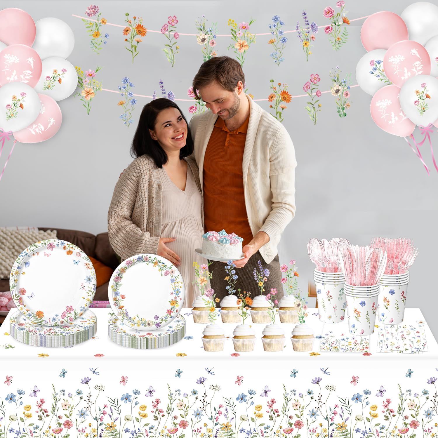 LINHAXM 175 PCS Spring Wildflower Party Decorations include Plates, Cups, Napkins, Cutlery, Cake Toppers, Banner, Tablecloth, Balloons for Floral Baby Shower Birthday Decorations, Serves 20 - Image 7