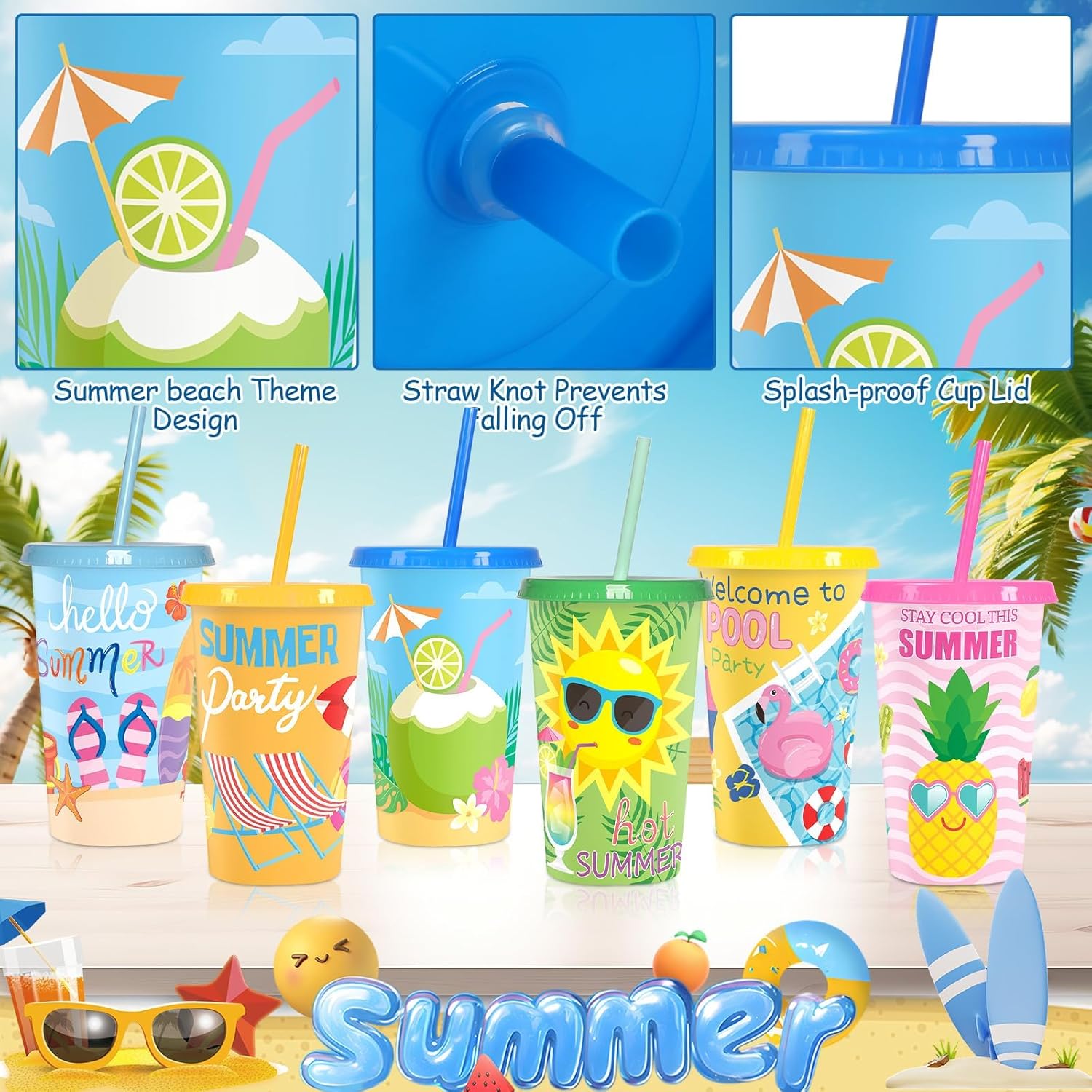 Jansun 12pcs Summer Party Color Changing Cups with Lids and Straws Beach Party 12Oz Reusable Plastic Cups Beach Ball Pool Party Favors Goodie Cups for Hawaiian Tropical Festival Supplies - Image 3