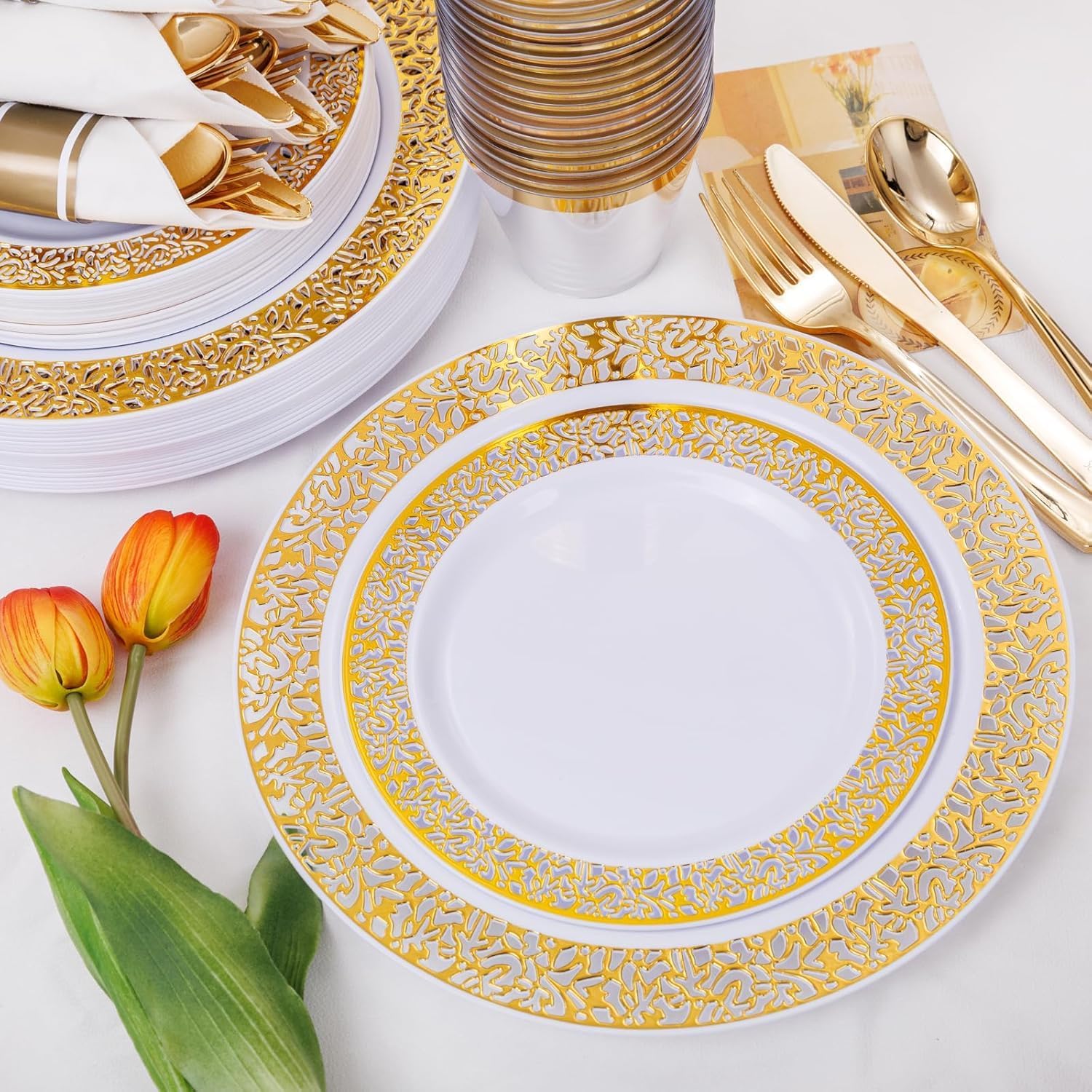 WELLIFE 50 Guests Dinnerware Sets, Gold Plastic Plates,Platos Para Fiestas Elegantes Desechables Include:50 Dinner Plates, 50 Dessert Plate, 150 Pcs Gold Plastic Silverware, 50 Cups for Party - Image 7