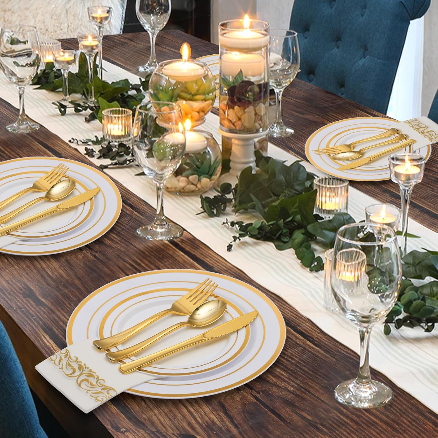 Goodluck 700 Pieces Gold Dinnerware Set for 100 Guests, Disposable for Party, Include: 100 Gold Rim Dinner Plates, 100 Dessert Plates, 100 Paper Napkins, 100 Cups, 100 Plastic Silverware Set - Image 6