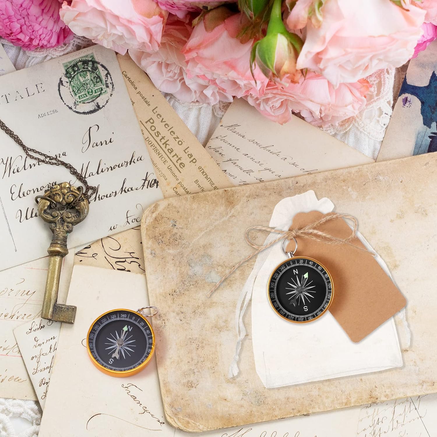 TaoBary 60 Pcs Compasses Gifts Wedding Party Favors Set, 2026 Mini Compass Souvenir Nautical with Kraft Tags and Organza Bag for Guests Birthday Nautical Travel Party Souvenir Gift(Gold) - Image 5