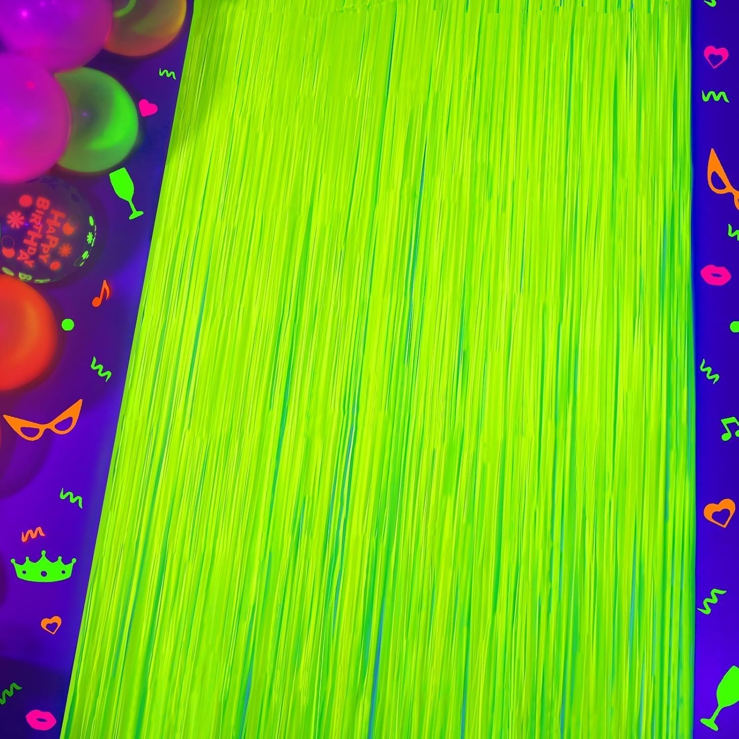 Mega-L Glow in The Dark Party Supplies, Neon Party Decorations, 2 Pack 6.6x6.6 ft Fluorescent Green Foil Fringe Curtains, Glow Photo Backdrop for Birthday, Pool Party, Music Festival, Nightclub - Image 9