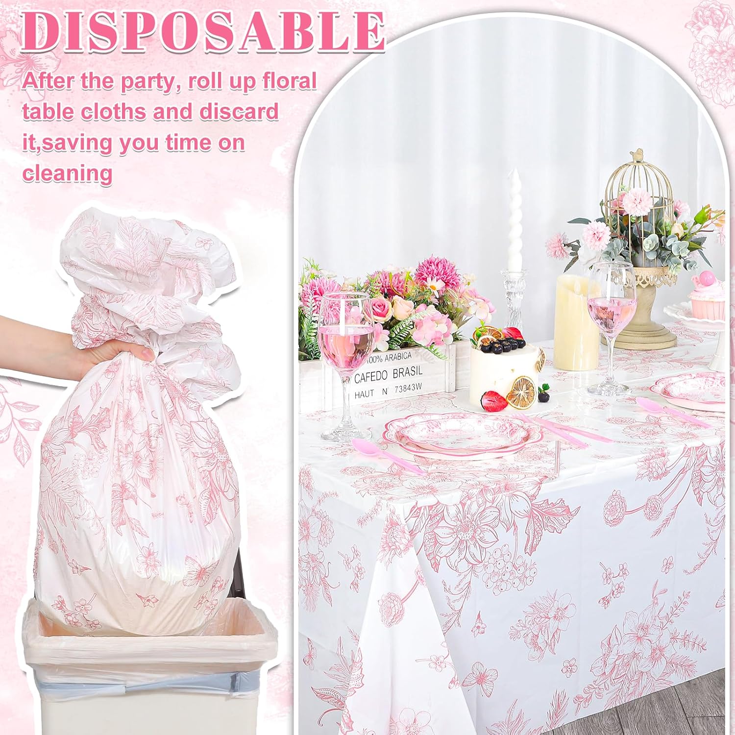 3 Pcs Pink Floral Plastic Tablecloths, 54 X 108Inch Tea Party Tablecloth Disposable Wedding Table Cloth Pink and White Porcelain Tables Decor for Garden Wedding Tea Party Birthday Baby Bridal Shower - Image 4