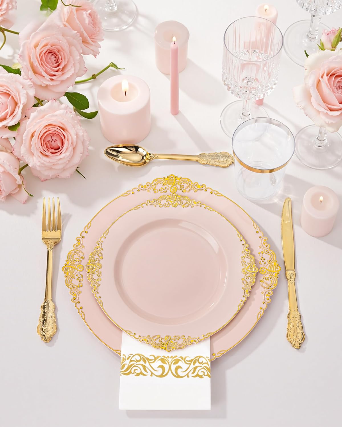 Nervure 350PCS Pink Plastic Plates - Pink Plastic Dinnerware Sets for 50 Guests - 100 Disposable Plates, 150 Gold Silverware, 50 Cups, 50 Napkins Perfect for Wedding & Party - Image 4
