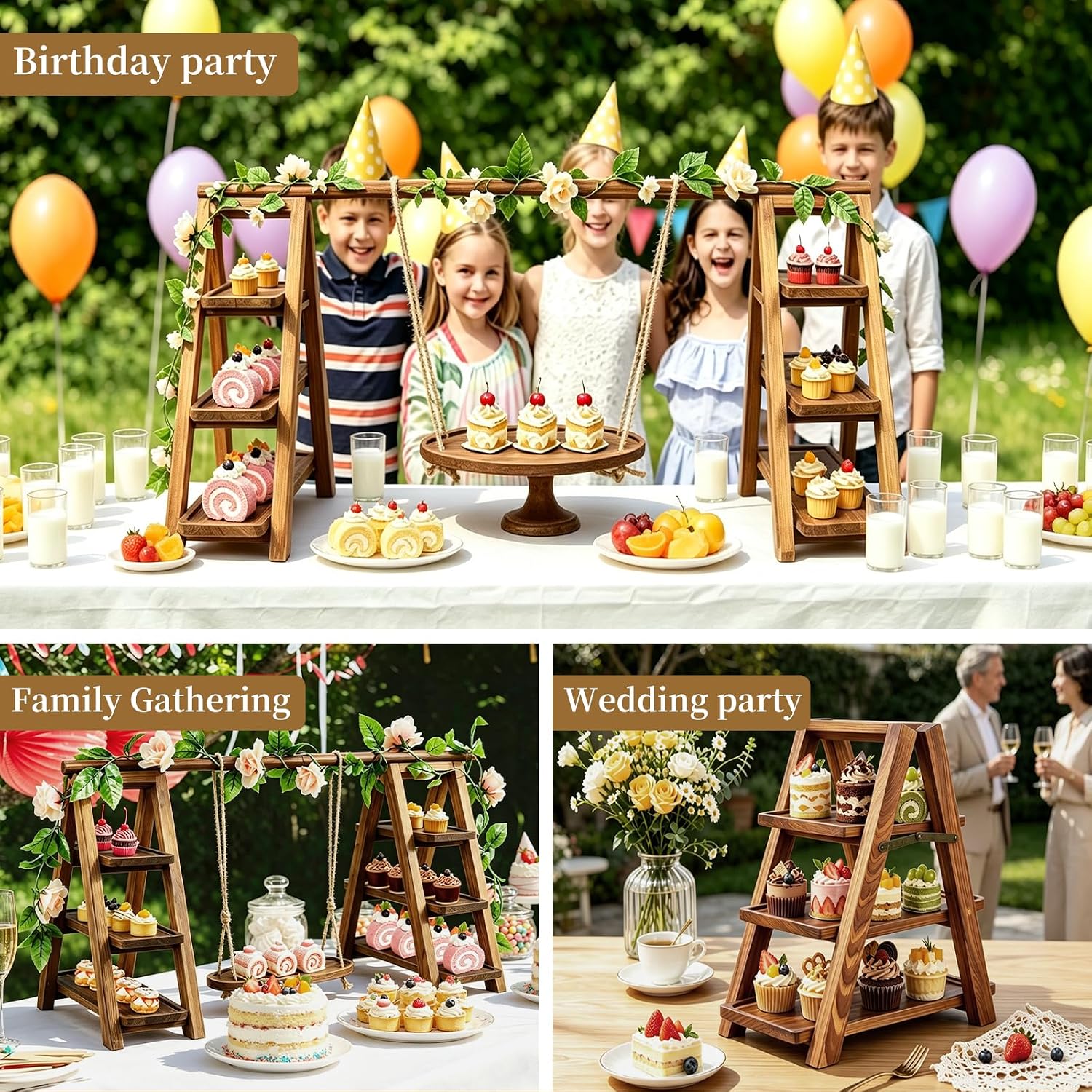 Large Wooden 3 Tier Swing Cupcake Stand with Flower Decor, Removable Trays, Foldable Ladder Display for Cake, Snacks, Fruit, Bread, Party & Catering Centerpieces - Image 8