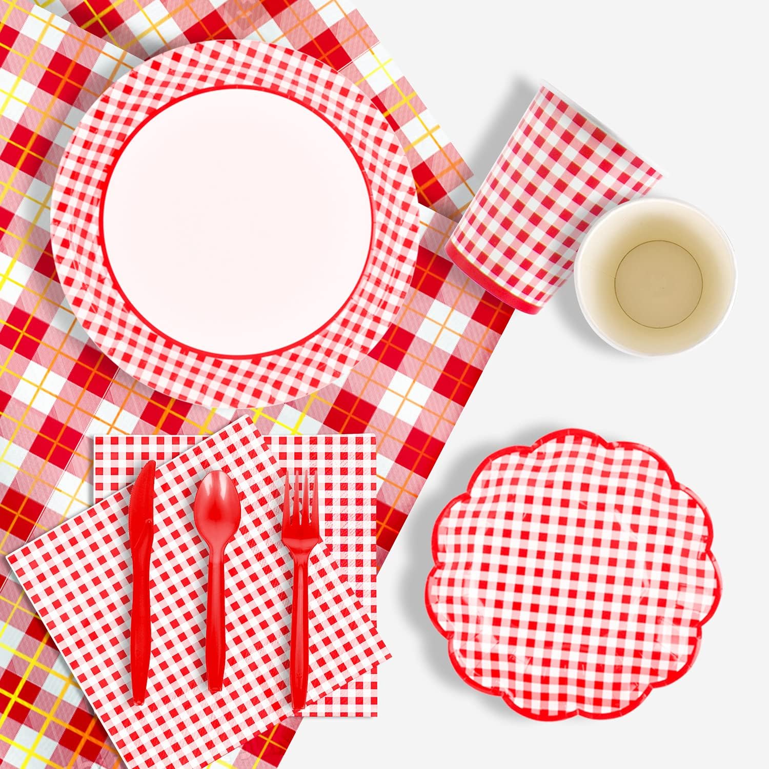 Gatherfun Gingham Red and White Party Supplies Disposable Paper Plates Napkins Cups Knives Spoons Forks Tablecloth Banner for Birthday Party Family Dinner Picnic Barbecue Mother's Day Party, Serve 25 - Image 4
