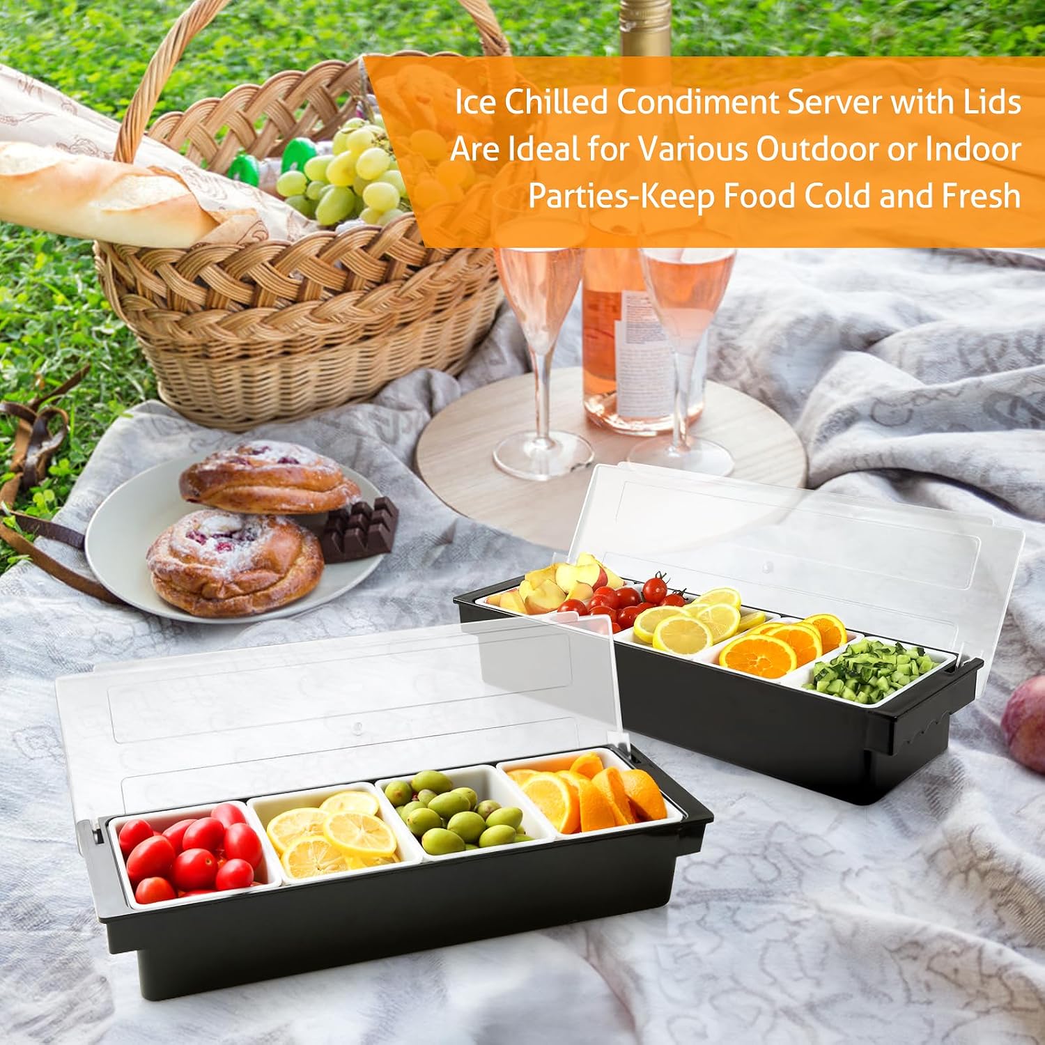 WICHEMI Condiment Container with Lid Ice Chilled Condiment Server with Ice Tray Fruit, Veggie & Condiment Caddy Plastic Garnish Station for Bartending Serving Taco, Salad Bar Container (4 Compartment) - Image 6
