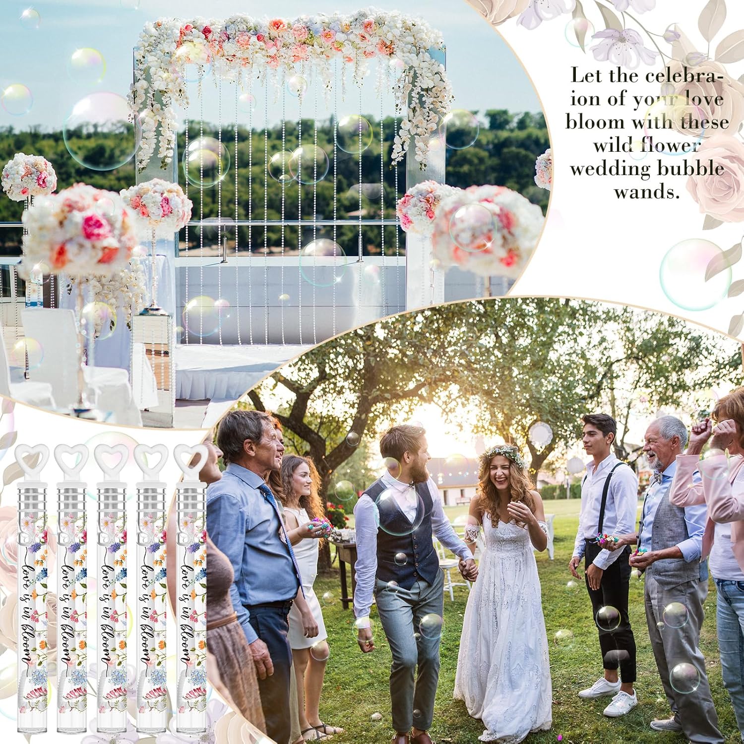 Hollowfly 120 Pack Wild Flower Wedding Mini Bubble Wands for a Wedding Bulk White Heart Bubble for Guests Send Off Wand Adults Bridal Exit Shower Party Supplies Valentine Anniversaries Celebration - Image 6