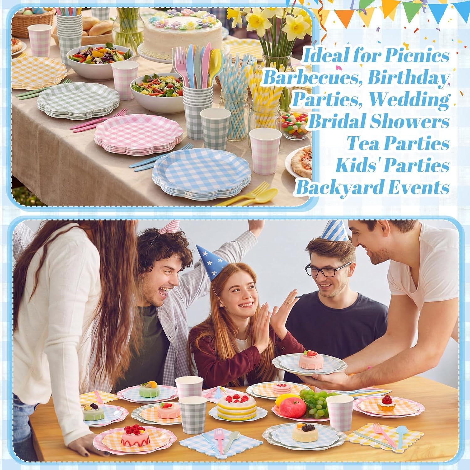 450 Pcs Gingham Tableware Set Decorations Pastel Plaid Paper Plates Napkins Cups Cutlery Straws Checkered Dinnerware Set for Baby Shower BBQ Picnic Birthday Party Supplies, Serves 50 - Image 5