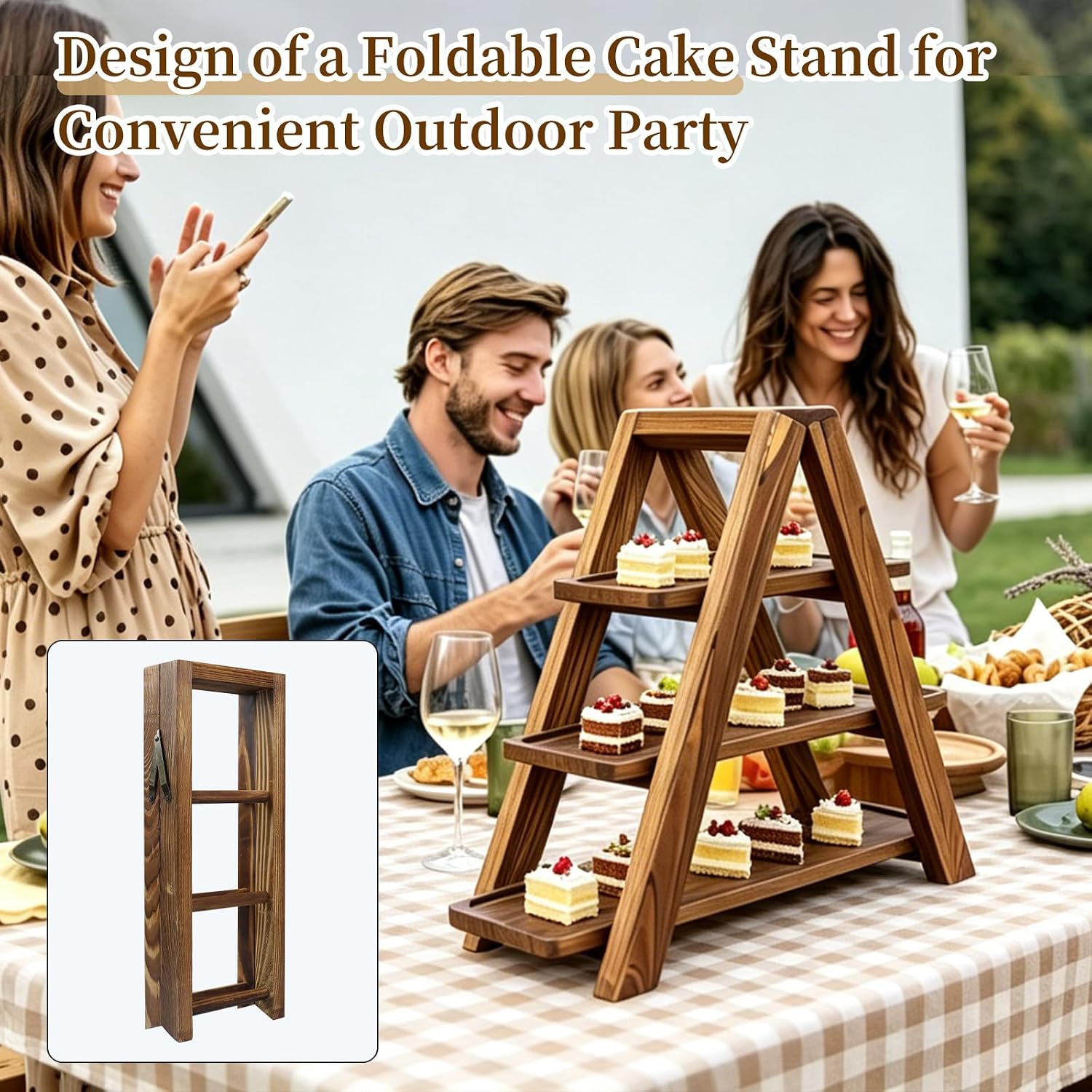 Large Wooden 3 Tier Swing Cupcake Stand with Flower Decor, Removable Trays, Foldable Ladder Display for Cake, Snacks, Fruit, Bread, Party & Catering Centerpieces - Image 5