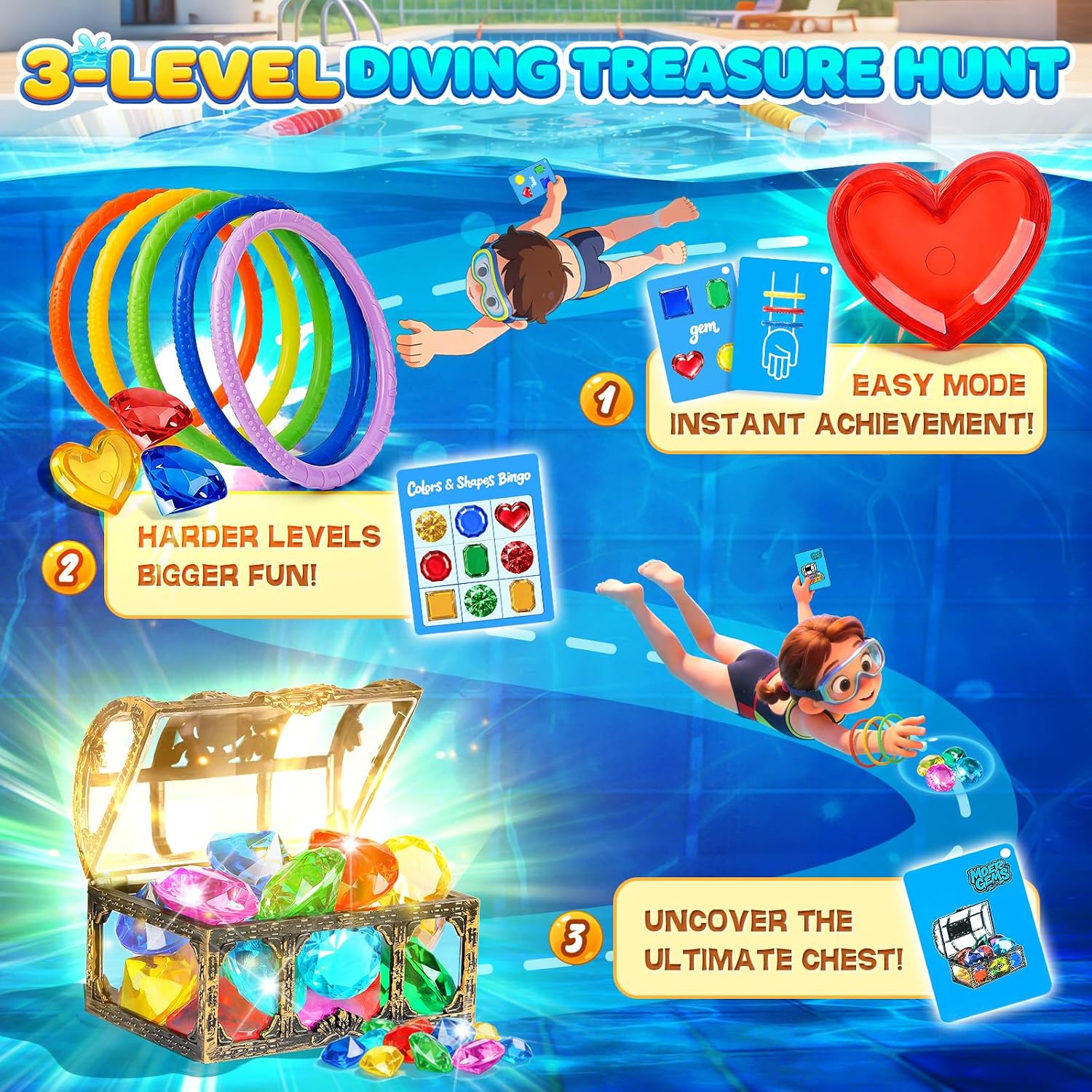 DISHIO Pool Diving Toys for Kids, Underwater Treasure Hunt Game with Pirate Chest, Diving Rings, 56PCS Gems, 40PCS Game Bingo Cards and Mesh Bag Swimming Pool Games Summer Toys for Boys Girls 4-12 - Image 2