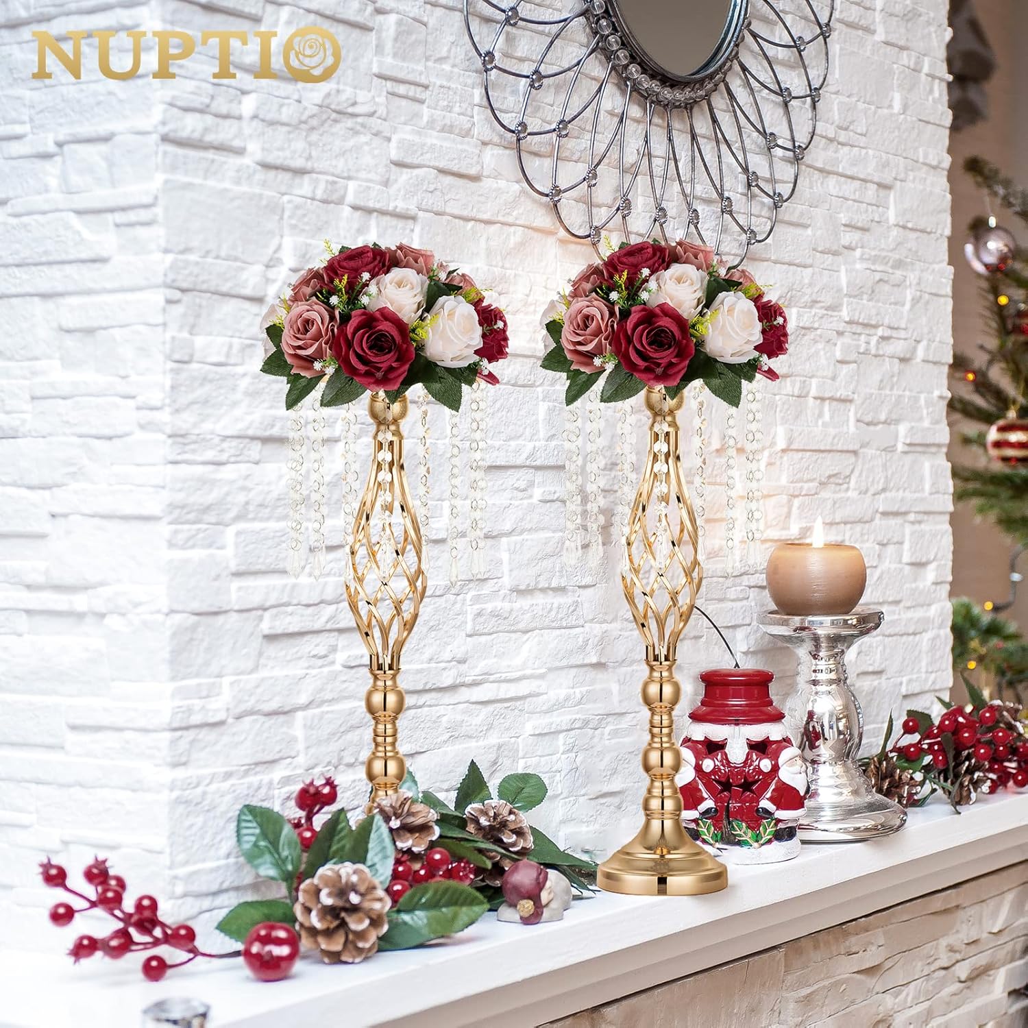 NUPTIO Artificial Flower Centrepieces for Tables - 2 Pcs Burgundy & Dusty Rose & Creamy White Fake Flowers Roses Balls 9.5in Diameter - Silk Faux Rose Arrangement for Wedding Party Table Decor - Image 2