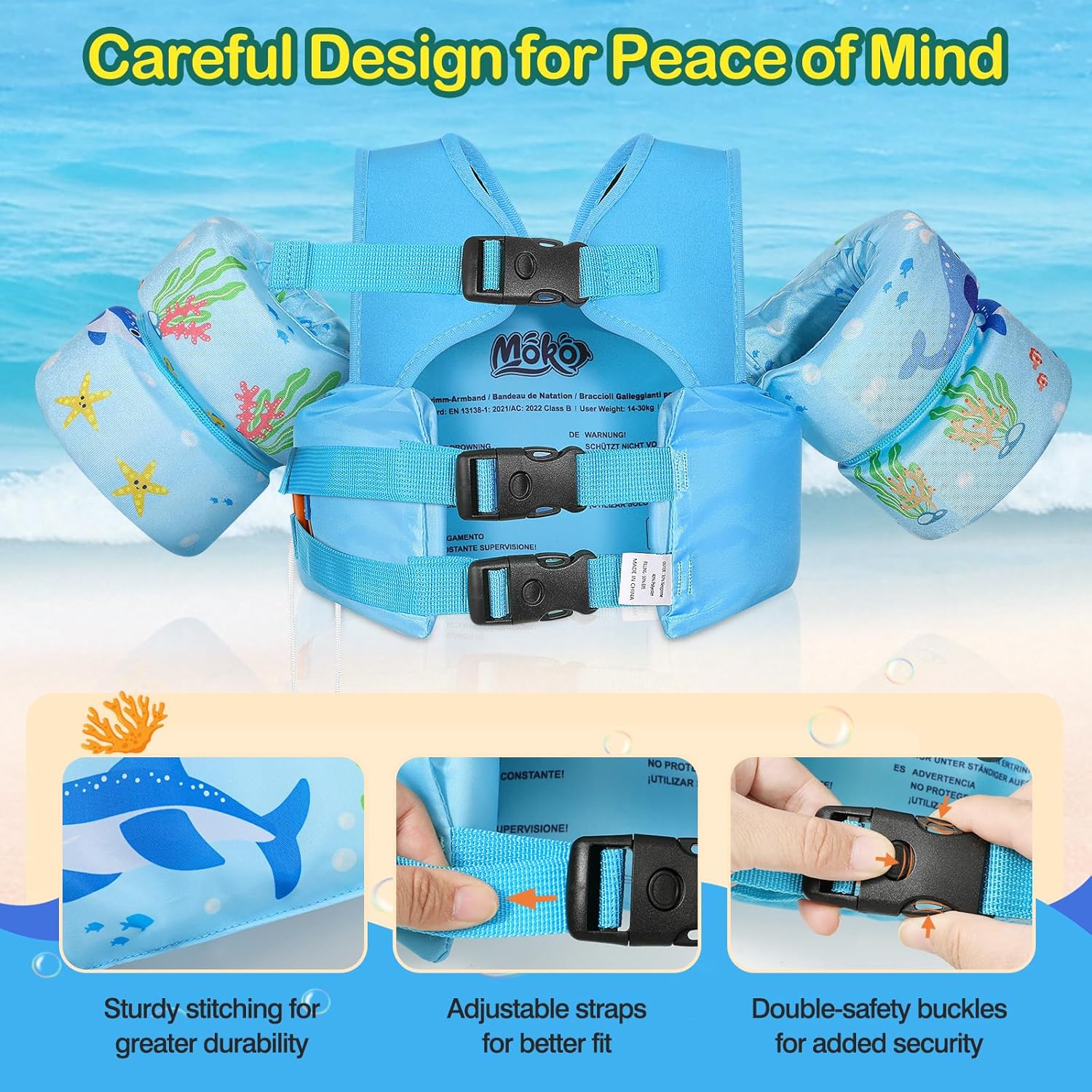 MoKo Toddler Swim Vest for Kids, Swim Arm Floaties 22-66 lbs Boys and Girls Cartoon Swimming Water Wings Pool Float Vests Sleeves Shoulder Straps Arm Band for Children Learn to Swim, Blue Shark - Image 2