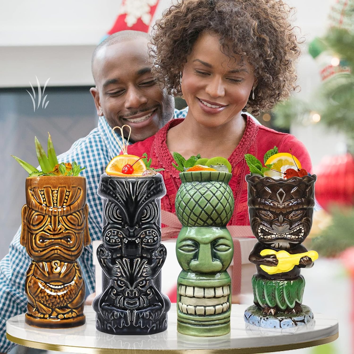 SuproBarware Tiki Glasses for Cocktails Mugs Set of 4 Ceramic Party Cups Bar Decor Creative Large Hawaiian Drinking Bar Decorations Vintage Tropical Drinkware Barware 4 Packs - Image 6
