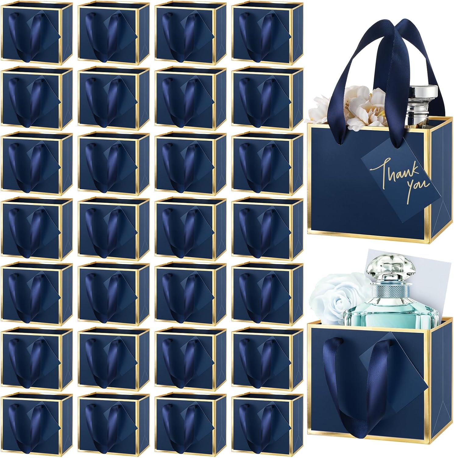 Yeaqee 50 Pcs Mini Metallic Paper Gift Bags with Handle 4.75x2.25x4'' Small Gift Bag DIY Tag Thank You Party Favor for Summer Wedding Baby Shower Birthday Back to School Jewelry (Navy Blue,Gold)