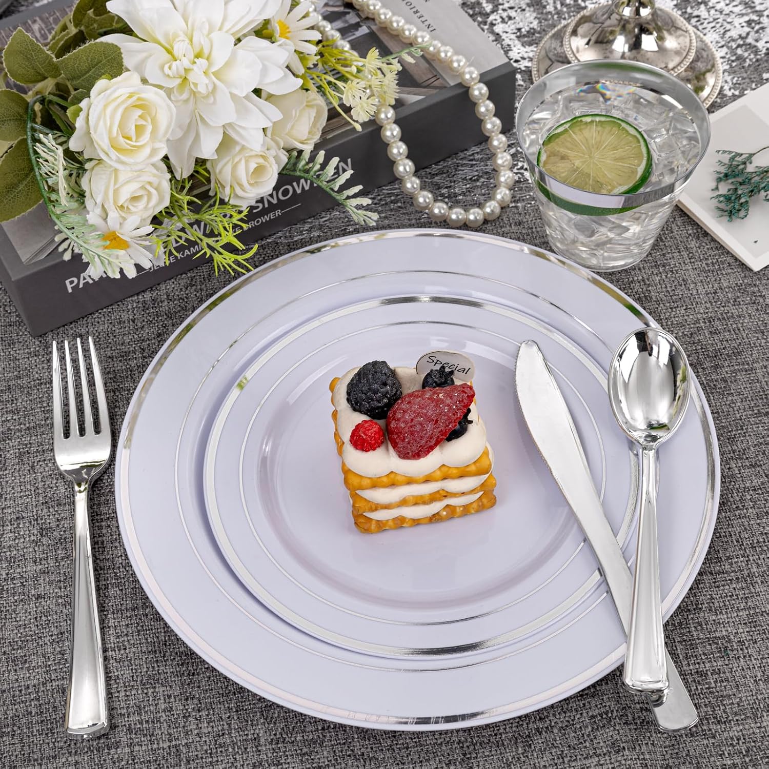 WELLIFE 350-Piece Silver Plastic Dinnerware Set - Disposable 10.25" Dinner Plates, 7.5" Dessert Plates, 9oz Silver Rim Cups & Cutlery for Weddings - 50 Guest Service - Elegant Disposable Silverware - Image 7