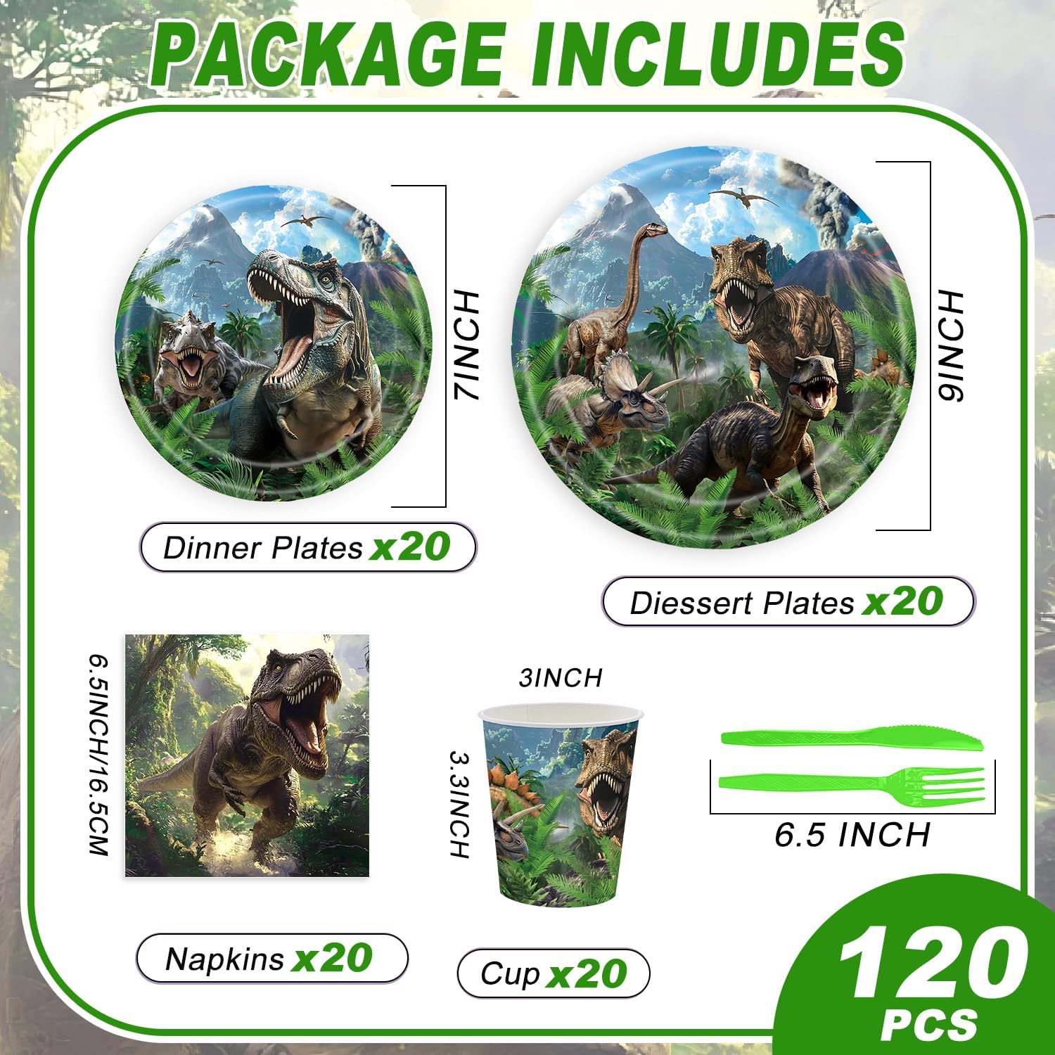 120PCS Dinosaur Party Birthday Supplies for Boys Kids Dino World Themed Tableware Set Dinosaur Park Party Decorations Tableware Set Plates Napkin Cups Set for 20 Guests - Image 2