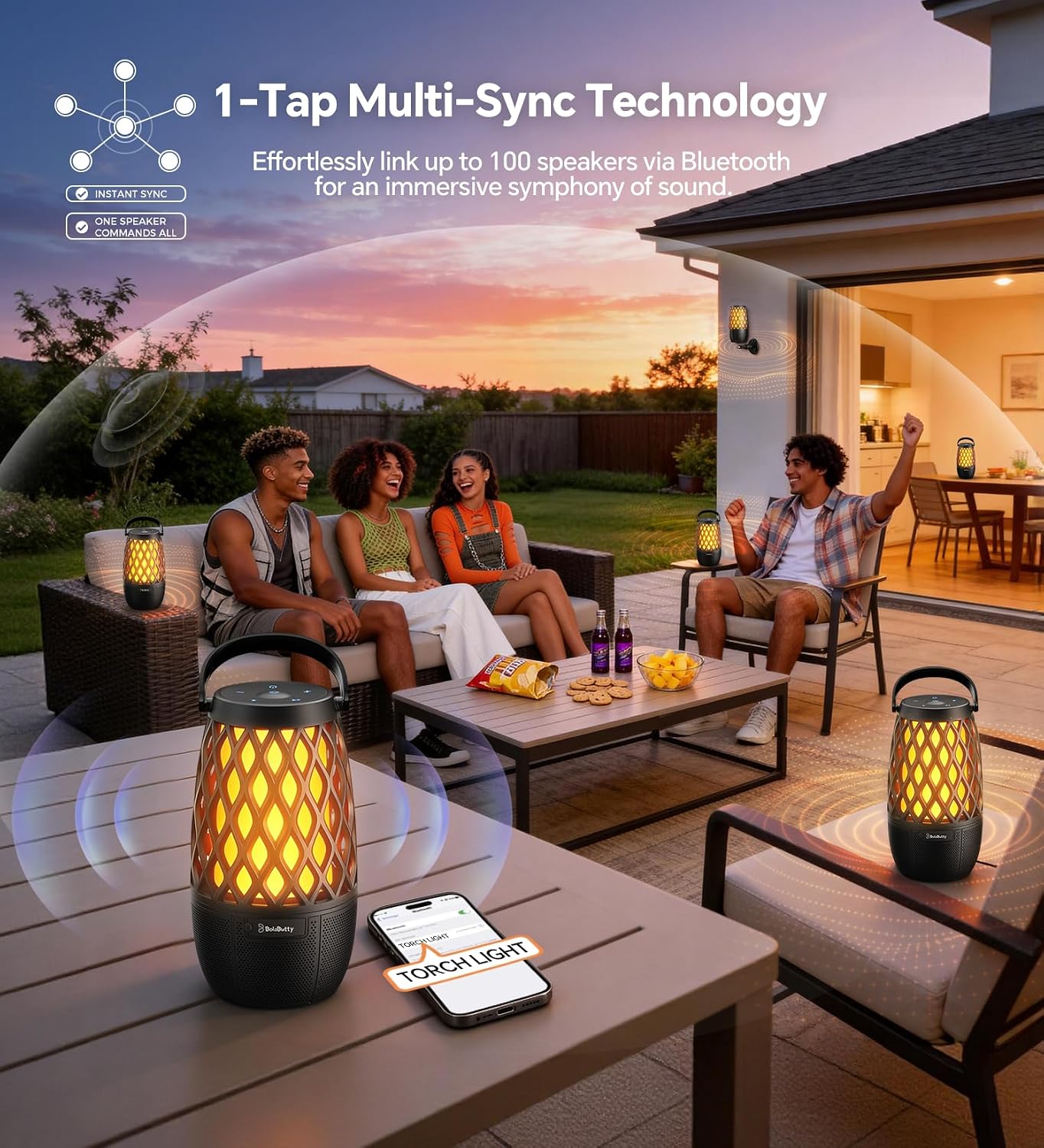 Outdoor Speakers Gifts for Men Bluetooth Speaker with Lights Multi-Sync up to 100 Speakers Auto-Pairing HD Stereo Sound Cool Stuff House Warming Gifts IPX5 Waterproof Lantern for Camp|Patio|Pool|Yard - Image 4