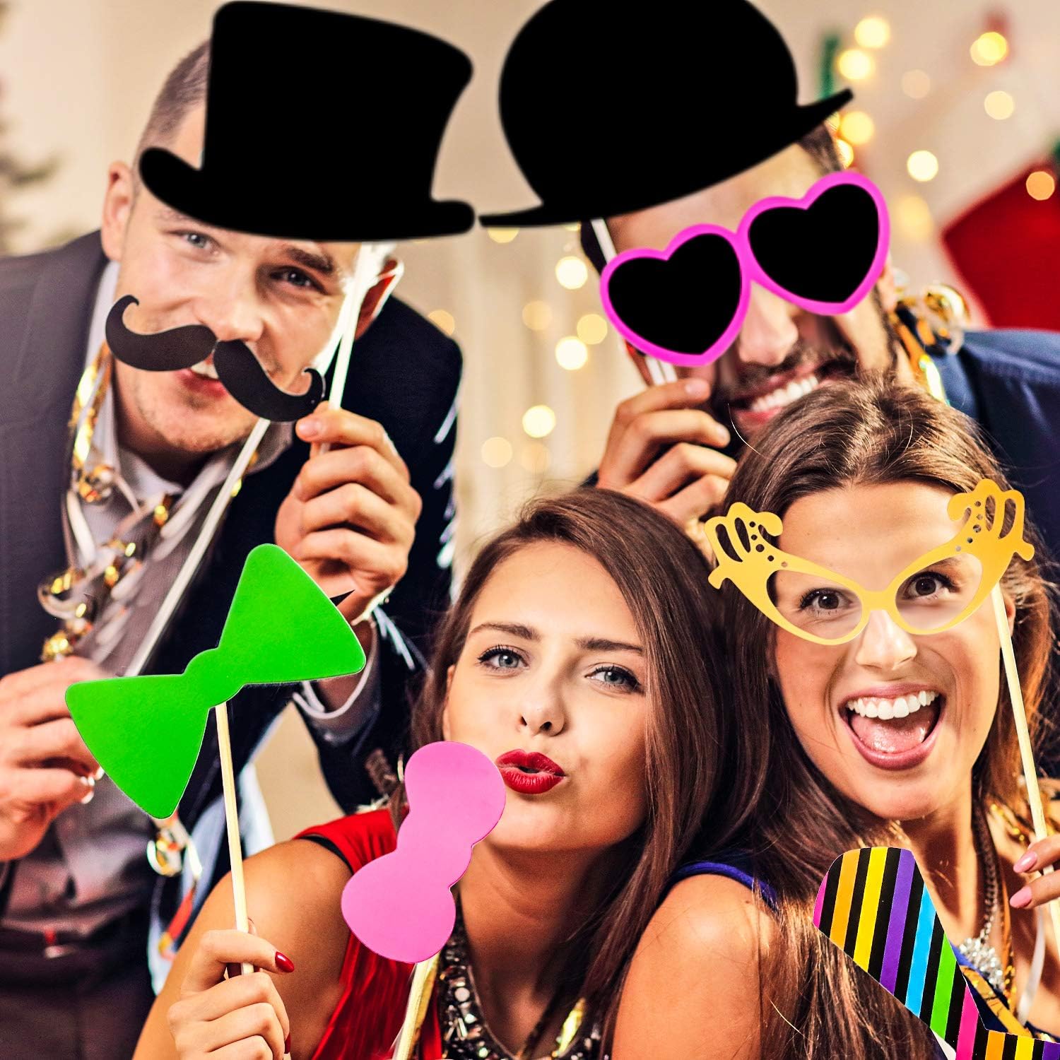 Gejoy 60 Pcs Photo Booth Props DIY Kit Funny Selfie Props Accessories for Grad Wedding Prom Party Supplies Favors with Mustache on a Stick, Hats, Glasses, Mouth, Bowler, Bowties(Classic) - Image 3
