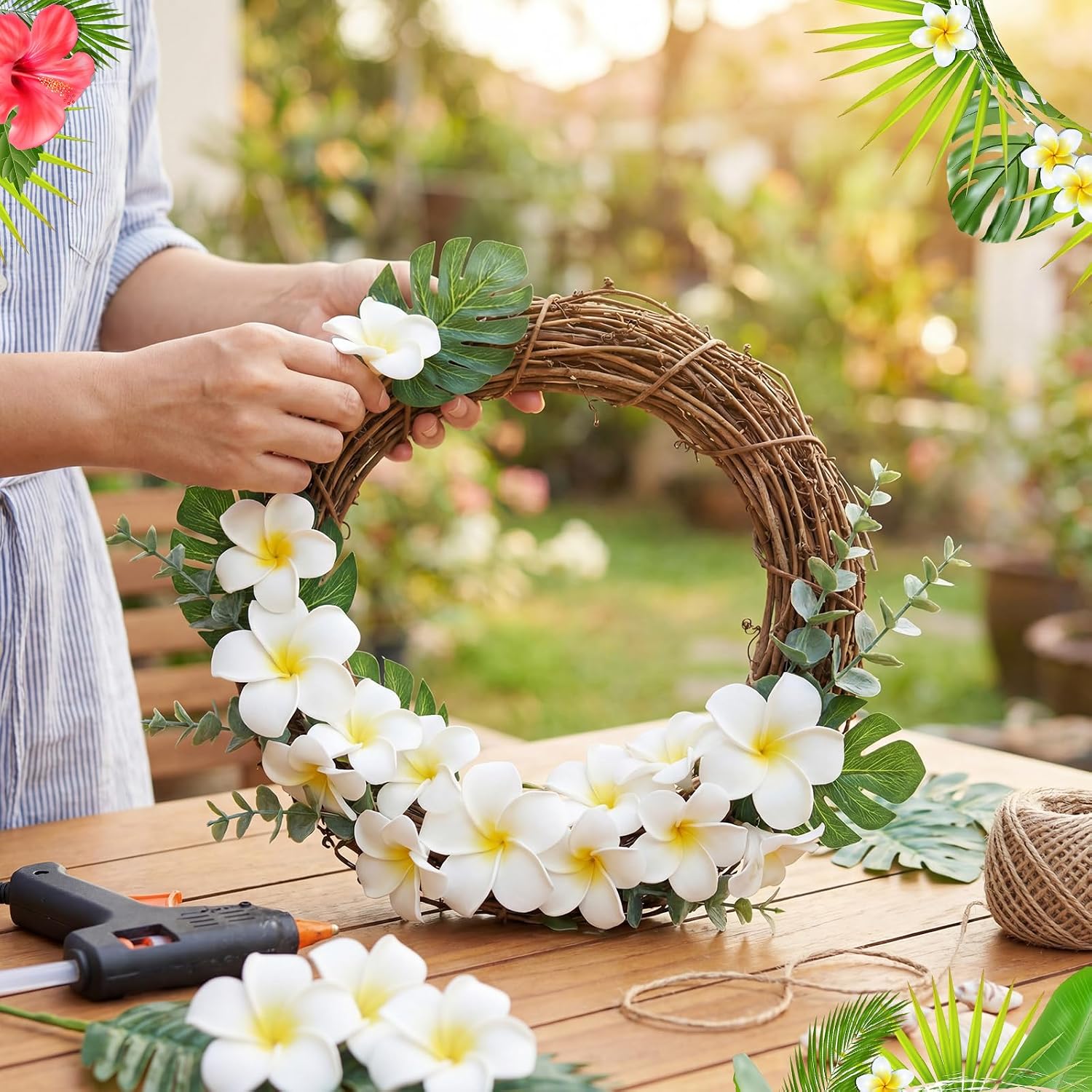 Tigeen 30 Pcs Hawaiian Plumeria Frangipani PU Artificial Flowers Tropical Flowers with Stems for DIY Real to Touch Birthday Gifts Wedding Home Hawaiian Party Decor Table Centerpiece (White) - Image 5