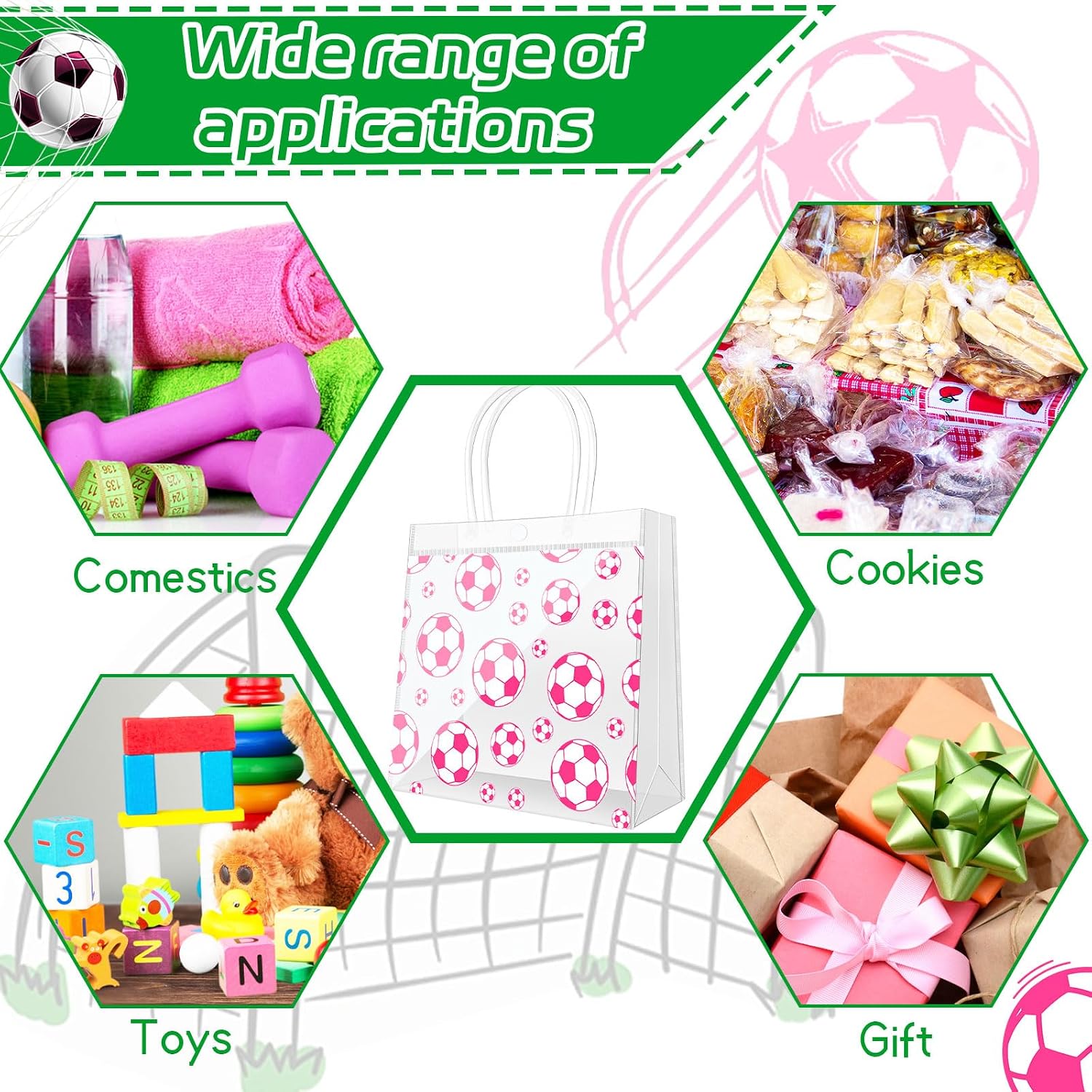 Demonwer 12 Pcs Pink Soccer Clear Goodie Bag with Handles PVC Sport Theme Goodie Treat Candy Bags Reusable Party Favor Bag for Team Birthday Gifts 8×8×3.2 Inch - Image 3