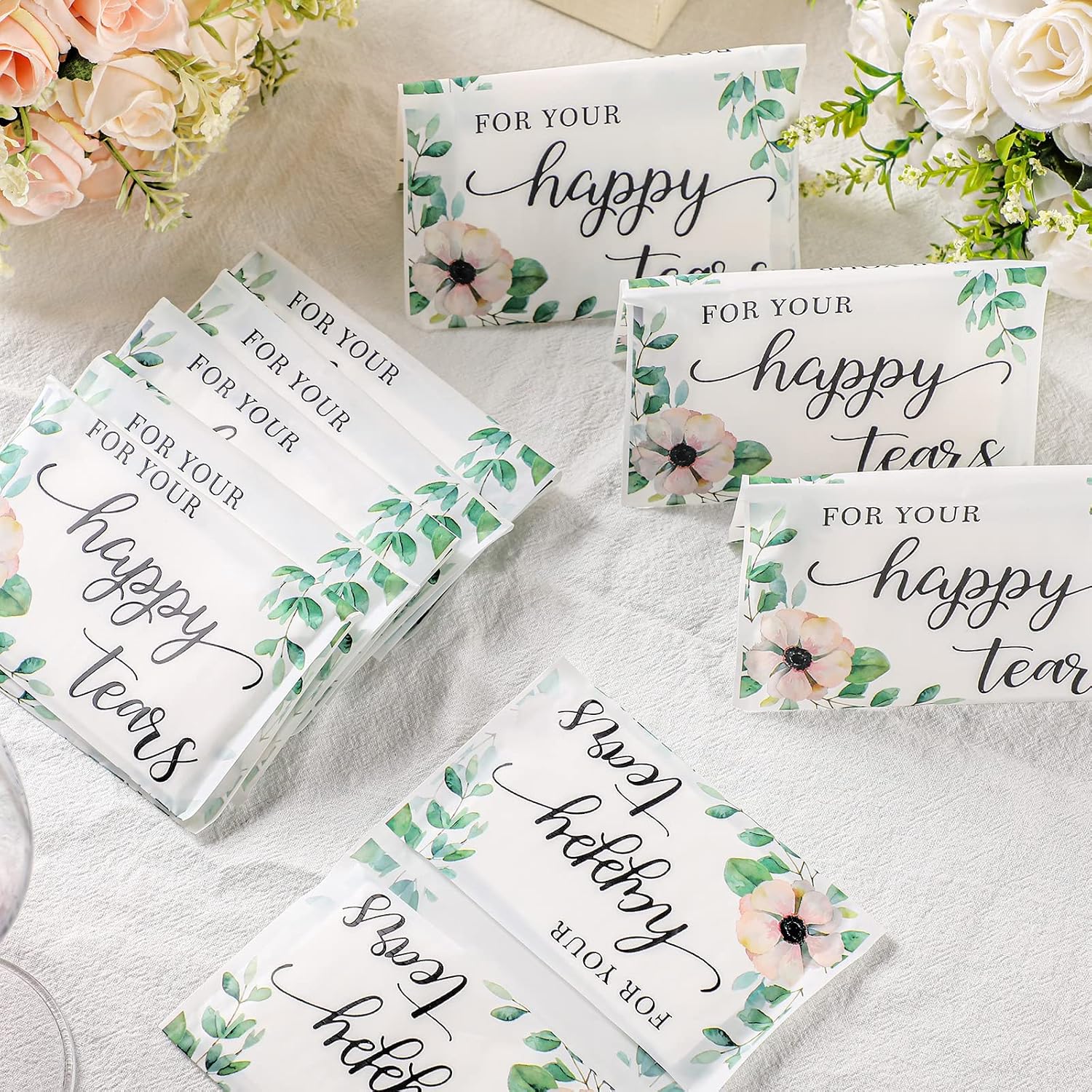 Yinder 60 Bulk Happy Tears Tissue Packs for Wedding 3 Ply Pocket Size Tissues Packs for Guests Facial Individual Wedding Favors Party Supplies Travel Graduation Celebration(Green Flower) - Image 2