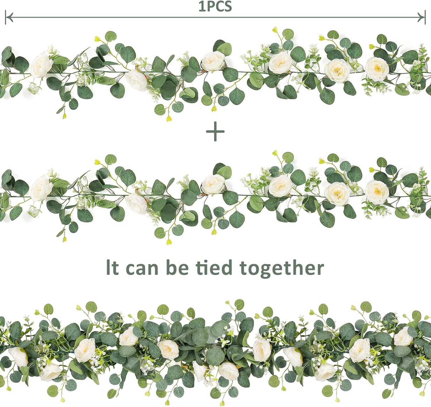 TOCHGREEN 2 Pack 13Ft Artificial Eucalyptus Flower Garland with White Roses, Fake Rose Flower Greenery Garland Floral Vines for Wedding Home Party Table Runner Decor (2PCS, White) - Image 4