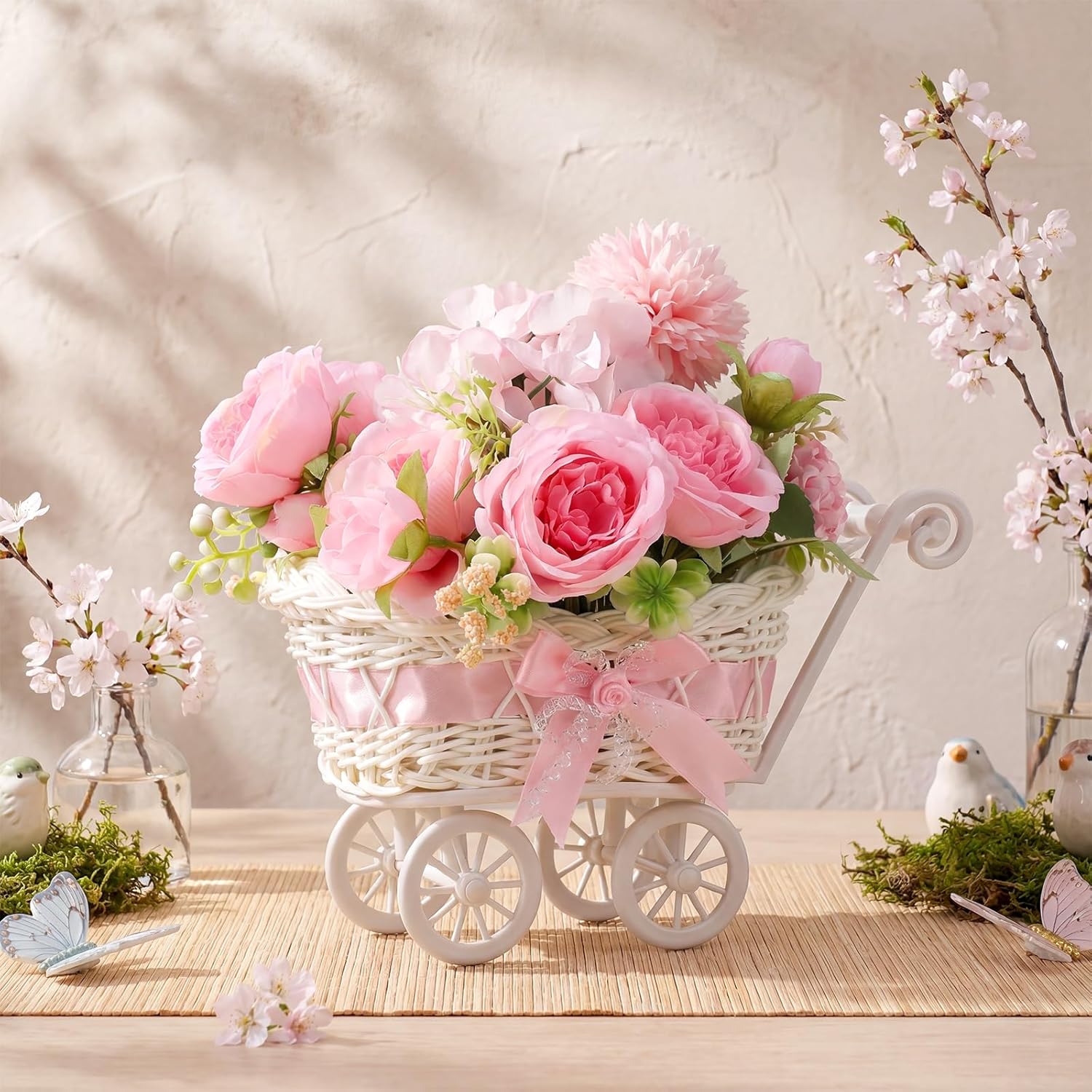 3 Pack Rattan Baby Carriage Floral Arrangement with Bouquet Pink Baby Shower Table Centerpiece Stroller for Guests Gender Reveal Wedding Party Favor Gift and Souvenir - Image 4
