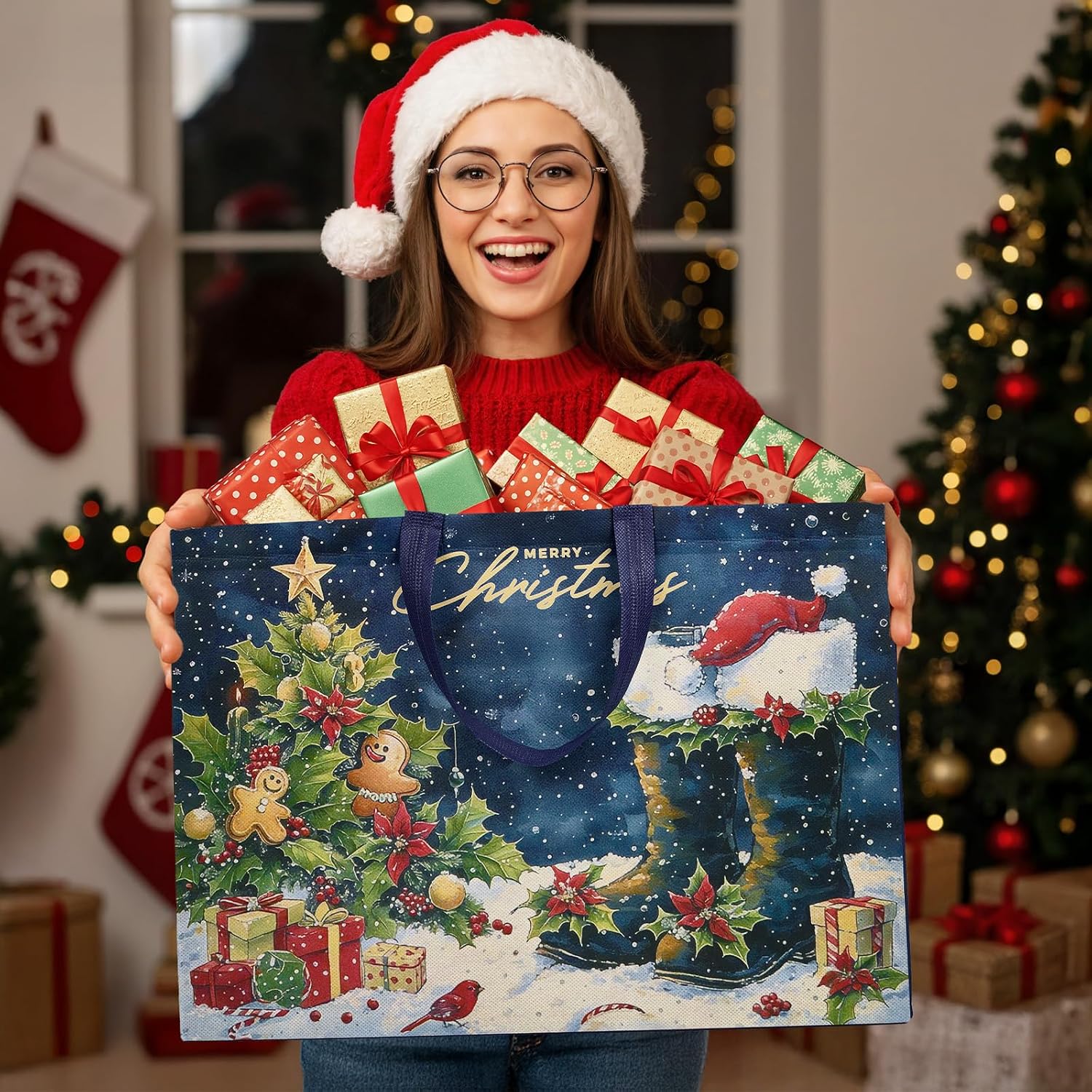 YANGTE 12 Pack Extra Large Christmas Gift Bags with Handles, Reusable Non-Woven Christmas Bags for Presents Wrapping Holiday Xmas Party Favors Supplies(16.7" x 12.6" x 6.7") - Image 3