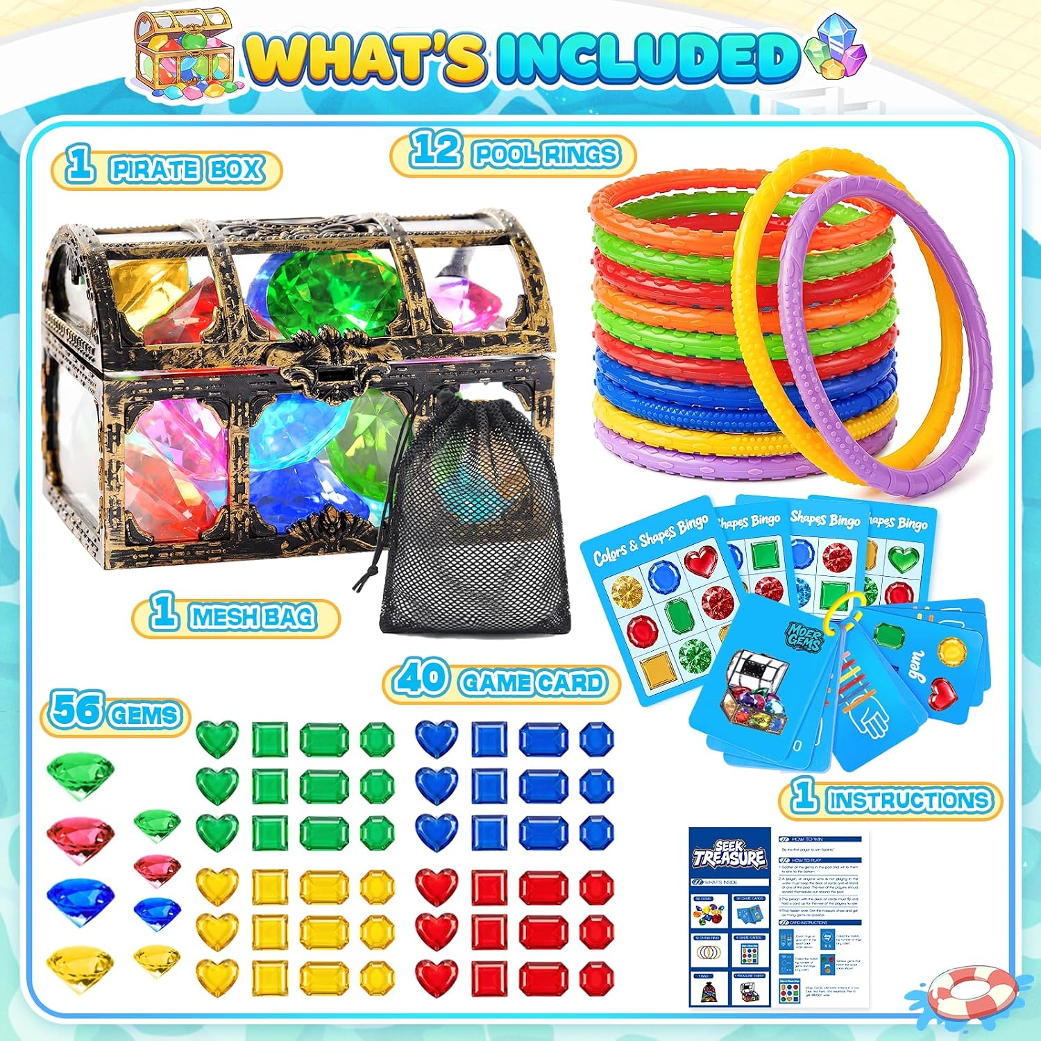 DISHIO Pool Diving Toys for Kids, Underwater Treasure Hunt Game with Pirate Chest, Diving Rings, 56PCS Gems, 40PCS Game Bingo Cards and Mesh Bag Swimming Pool Games Summer Toys for Boys Girls 4-12 - Image 7