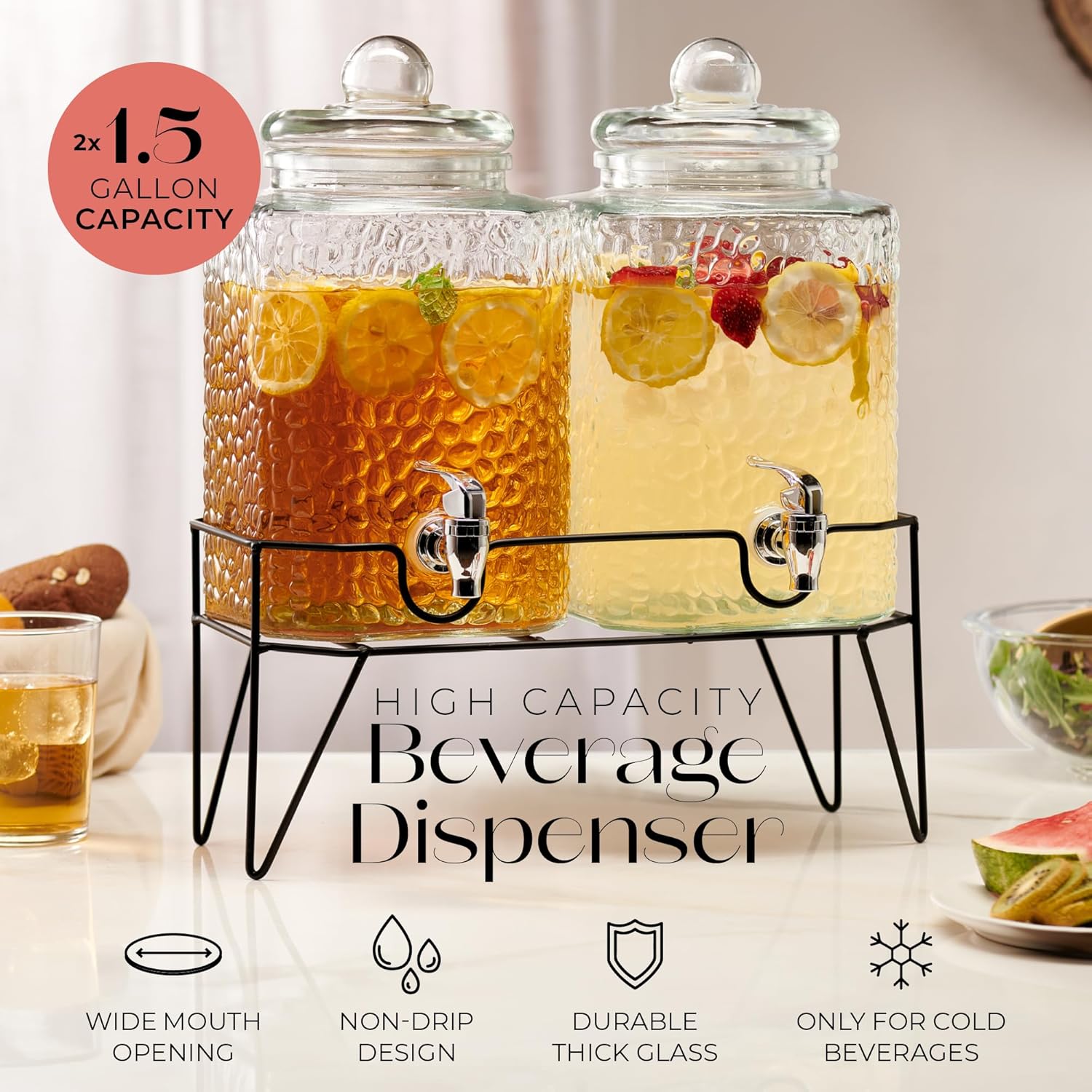 Style Setter Premium Glass Drink Dispensers with Metal Stand for Parties – Beverage Dispenser Set for Cold Drinks, Lemonade, Cocktails, Juice – Party Glass Drink Dispenser Station - 1.5 Gal, Set of 2 - Image 3