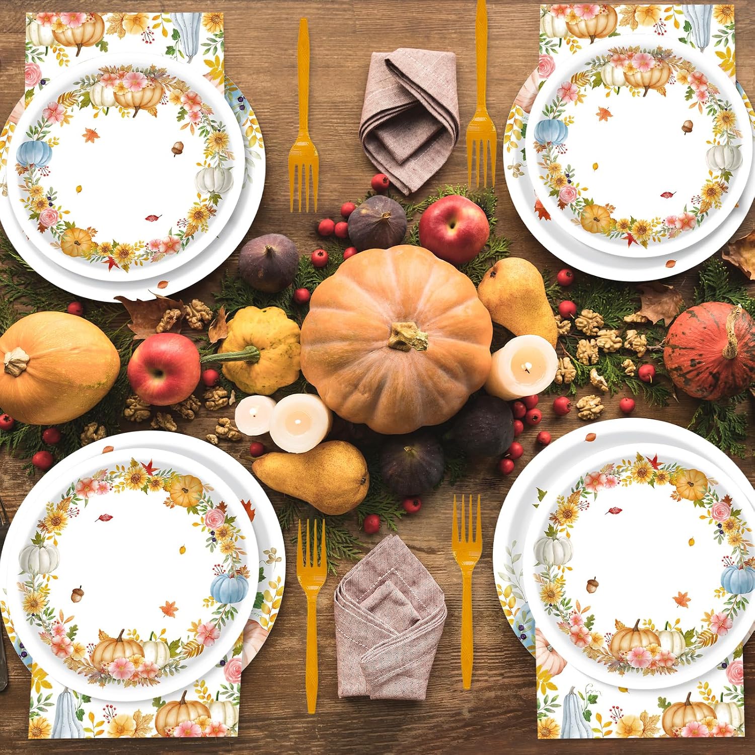 Fall Thanksgiving Paper Plates and Napkins Party Supplies Watercolor Pumpkin Maple Thanksgiving Disposable Tableware Banner Tablecloth Set Autumn Harvest Party Decorations for Table, 99Pcs Serves 24 - Image 5