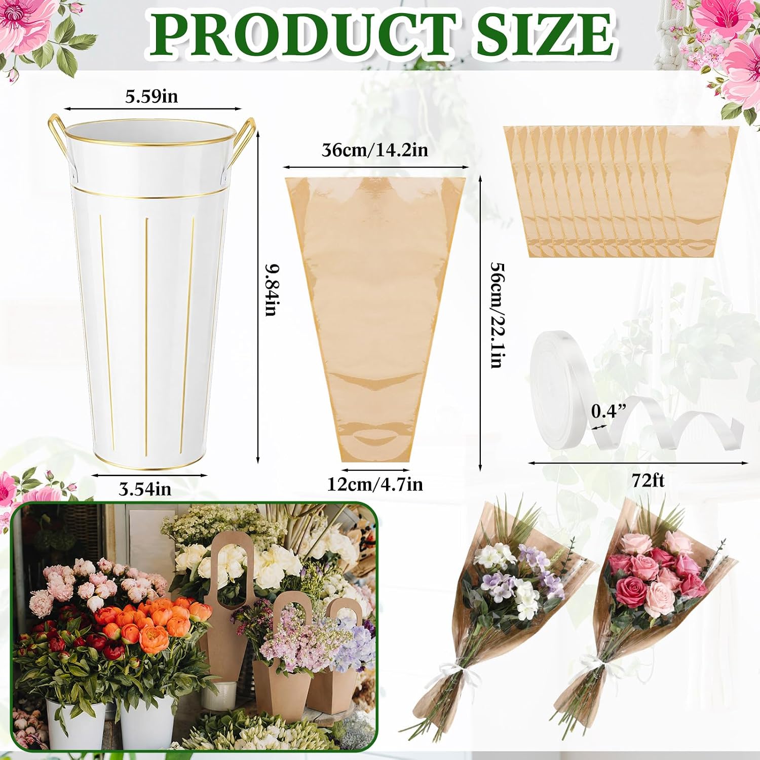 LemonRoad 56 Pcs Flower Bar Buckets Set Kit 6 Pcs Galvanized Bucket Bar 50 Packs Paper Gift Bags for Wedding, Bridal Shower, Graduation Birthday Table Centerpiece(Transparent,Galvanized Iron,11.8inch) - Image 2