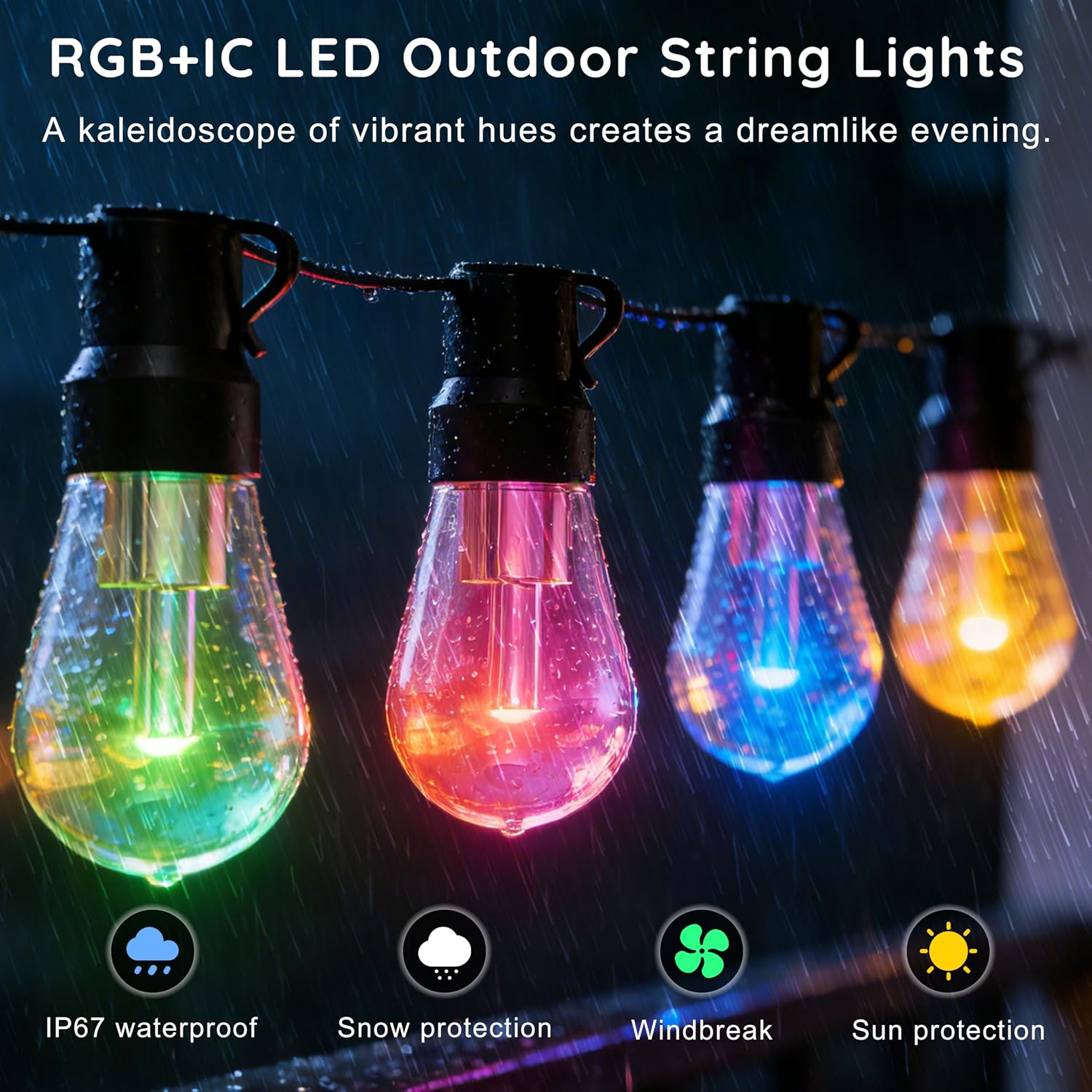 300FT RGB+IC Outdoor String Lights, Dimmable Shatterproof LED Bulbs, IP67 Waterproof DreamColor Chasing Lights, Multicolor Dynamic Lighting for Patio Balcony Garden & Outdoor Living Area Decoration - Image 4