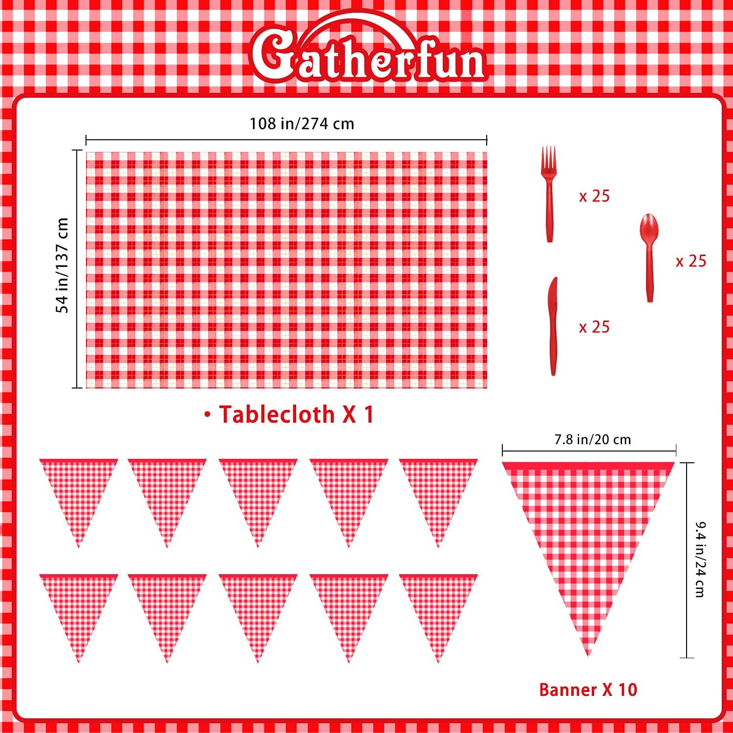 Gatherfun Gingham Red and White Party Supplies Disposable Paper Plates Napkins Cups Knives Spoons Forks Tablecloth Banner for Birthday Party Family Dinner Picnic Barbecue Mother's Day Party, Serve 25 - Image 2