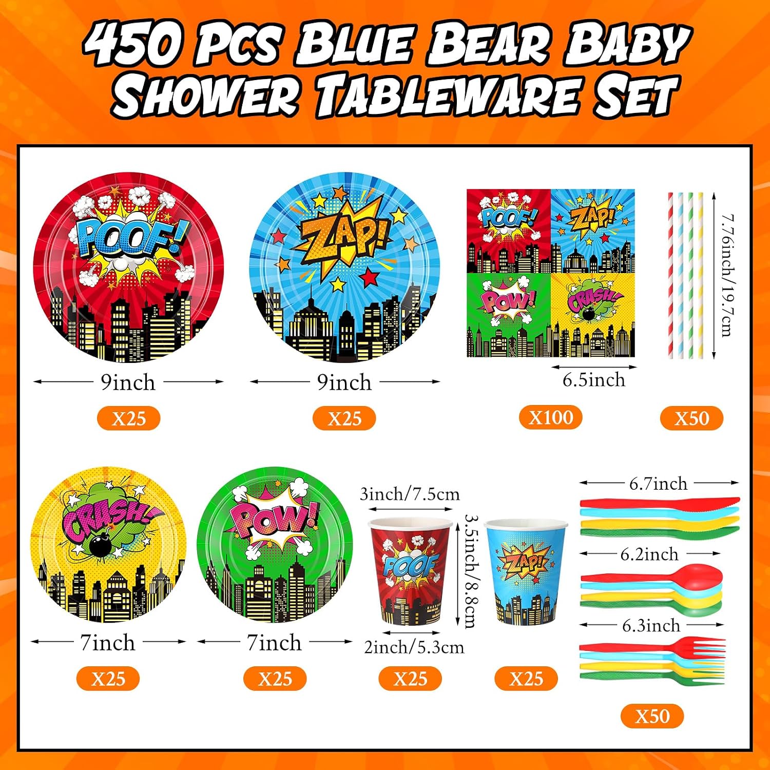 450 Pcs Hero Theme Tableware Set Decorations, Hero Action Themed Disposable Paper Plates Napkins Cups Cutlery Straws for Comic Birthday Baby Shower Party Supplies, Dinnerware Serves 50 - Image 2